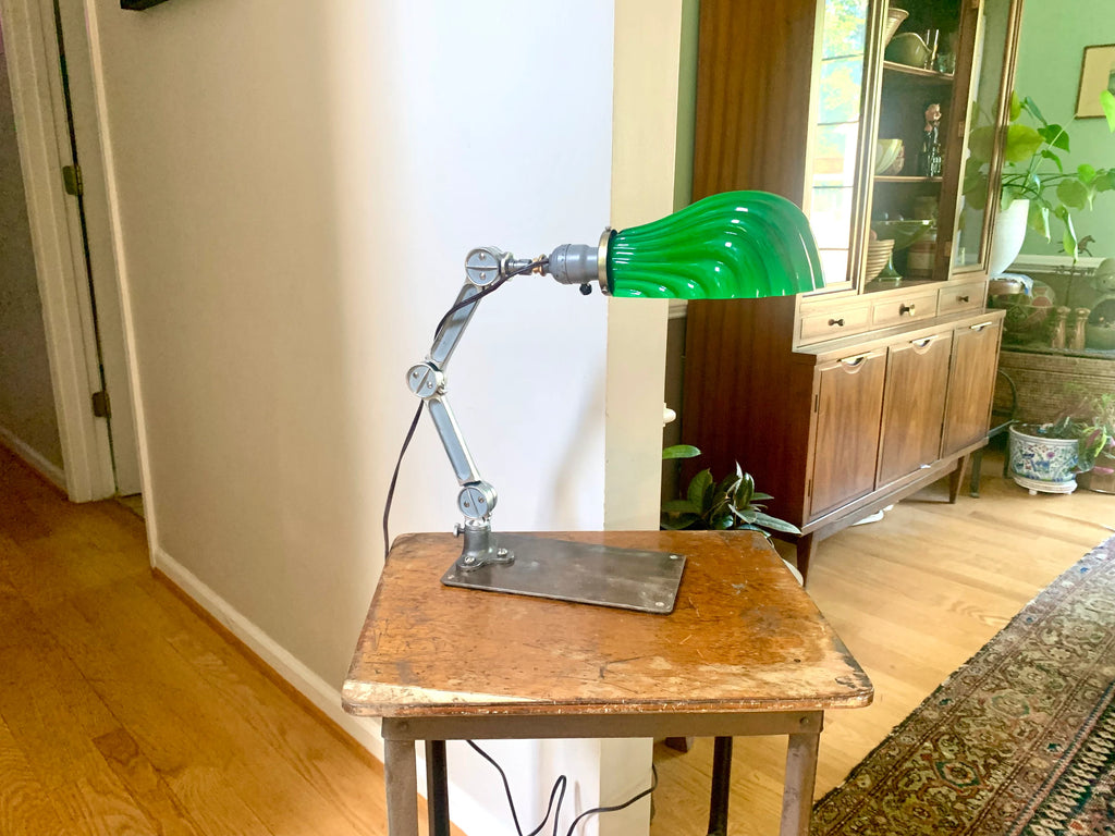 Vintage Industrial Articulating Desk Lamp | Industrial Articulating Arm Task Lamp | Green Glass Shade Articulating Lamp | Machinist Lamp