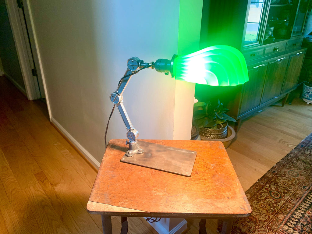 Vintage Industrial Articulating Desk Lamp | Industrial Articulating Arm Task Lamp | Green Glass Shade Articulating Lamp | Machinist Lamp