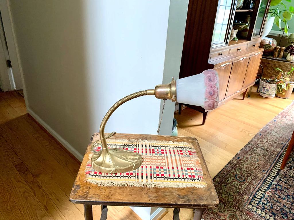 Vintage S.W. Farber Goose Neck Lamp | Industrial Cast Iron Desk Lamp | Rustic Desk Lamp| Antique Desk Lamp| Art Deco Lamp with Frosted Globe