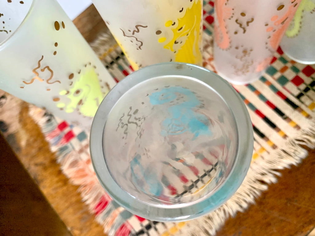Set of 5 MCM Federal Glass Seahorse Glasses| Colorful Seahorse Glasses | 5 Frosted Sea Horse High Ball Glasses | Frosted Federal Tom Collins