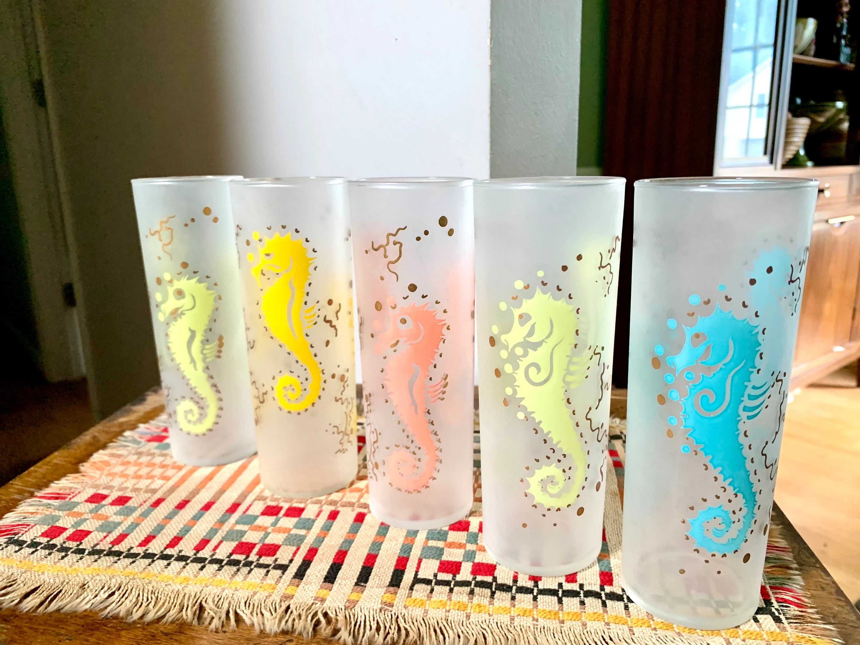 Set of 5 MCM Federal Glass Seahorse Glasses| Colorful Seahorse Glasses | 5 Frosted Sea Horse High Ball Glasses | Frosted Federal Tom Collins