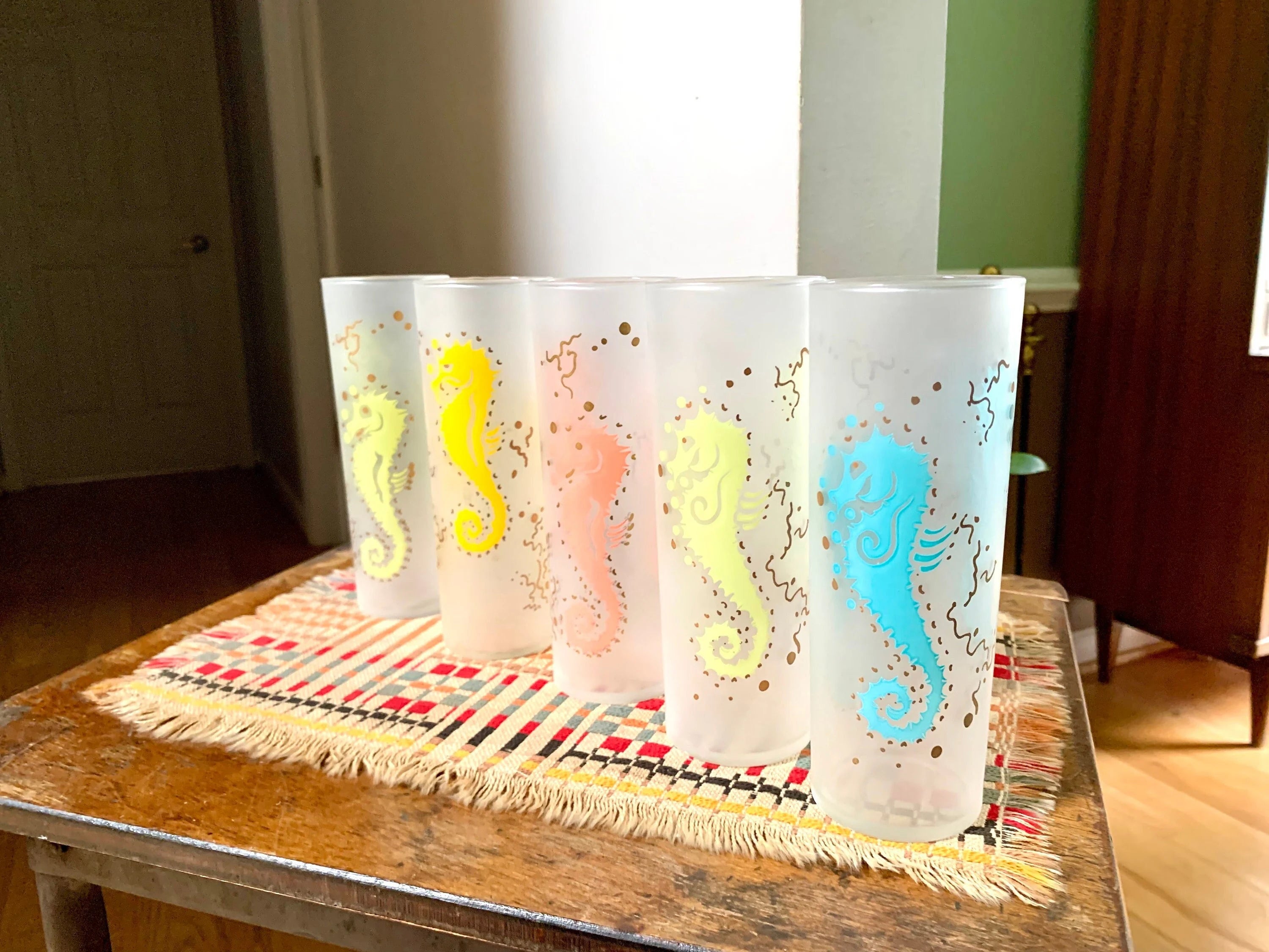 Set of 5 MCM Federal Glass Seahorse Glasses| Colorful Seahorse Glasses | 5 Frosted Sea Horse High Ball Glasses | Frosted Federal Tom Collins