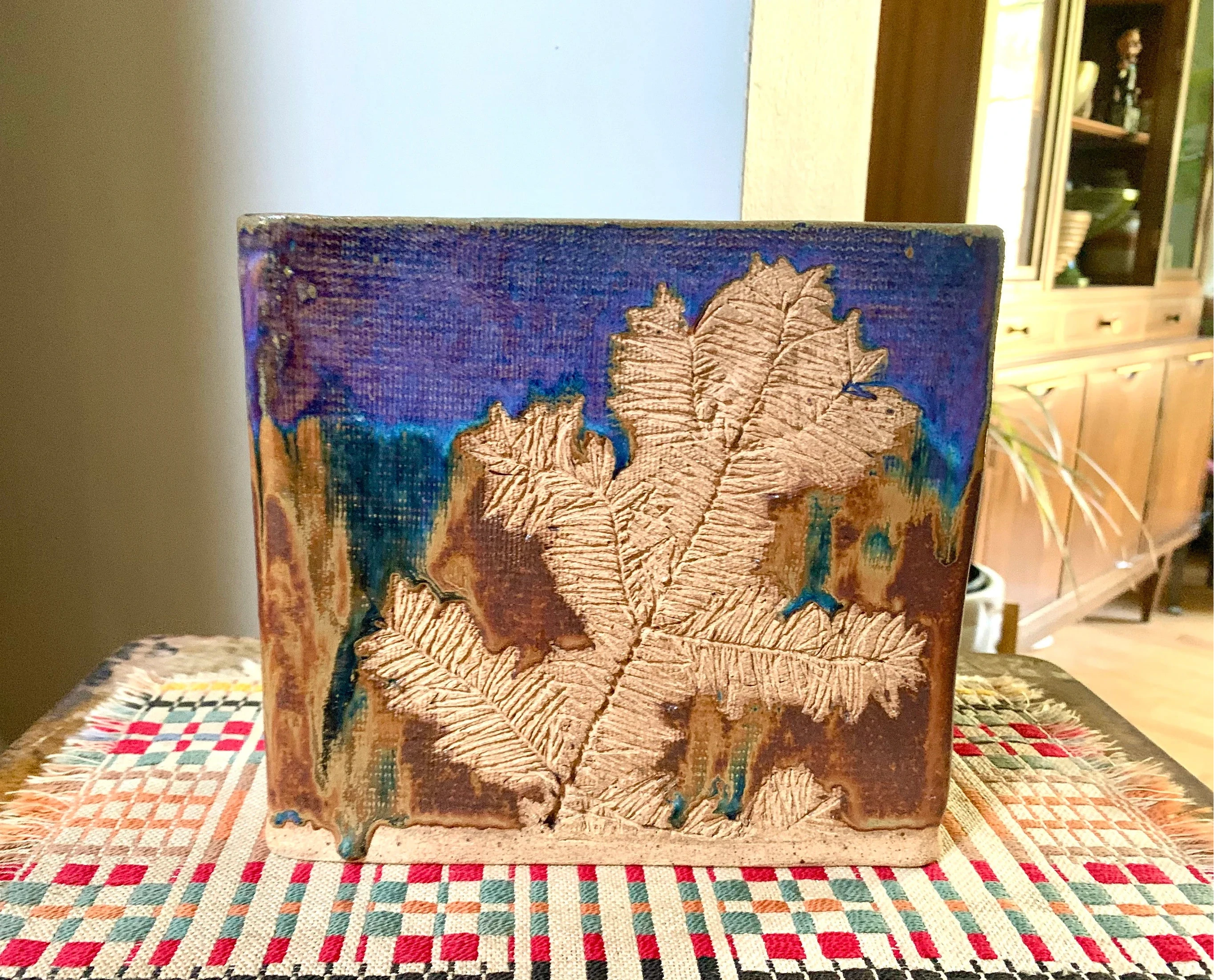 Vintage Rockcliffe Pottery Square Vase | Textured Pottery Vase | Multicolored Glaze Square Leaf Impression Ceramic Vase | Ontario Pottery