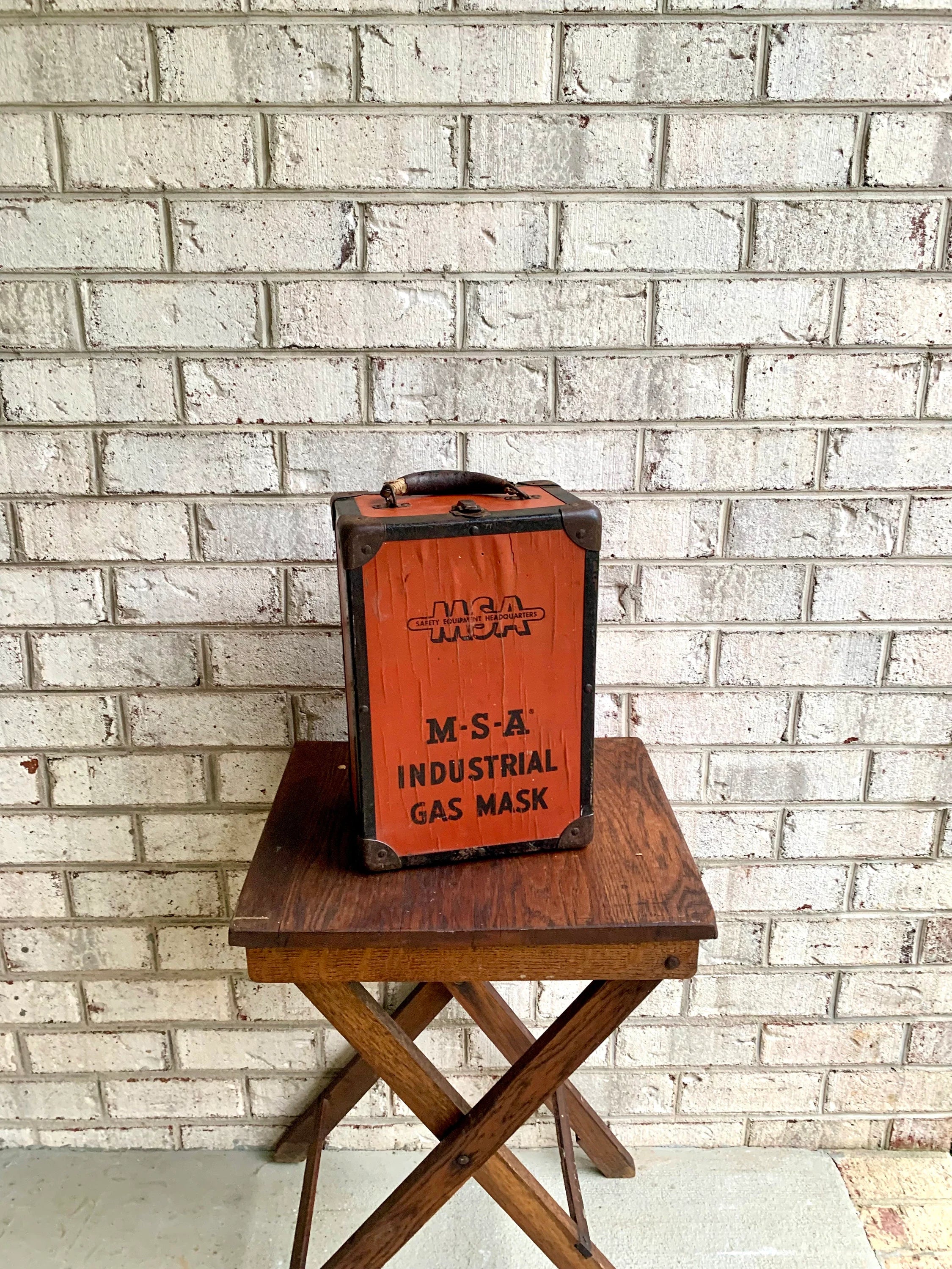Distressed MSA Industrial Gas Mask Box | Gas Mask Container Box | Rustic Storage Box | Vintage Small Wood Chest | Orange Box | Gas Mask Storage Box