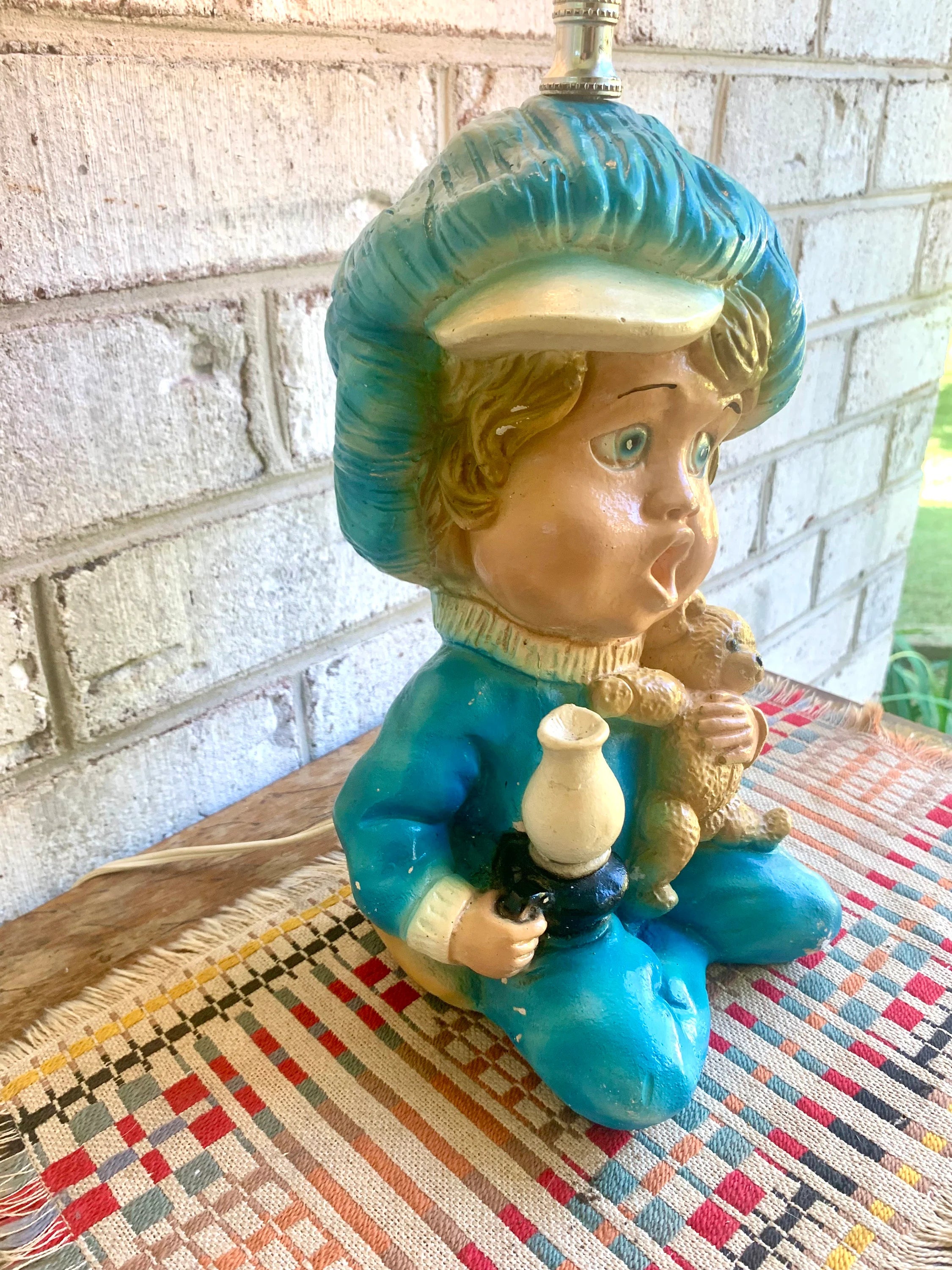 Vintage Sleepy Baby Chalk Ware Lamp | Blue Baby Boy Chalkware Lamp | Nursery Lamp | Chalkware Lamp