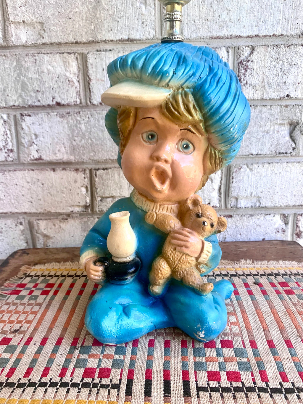 Vintage Sleepy Baby Chalk Ware Lamp | Blue Baby Boy Chalkware Lamp | Nursery Lamp | Chalkware Lamp