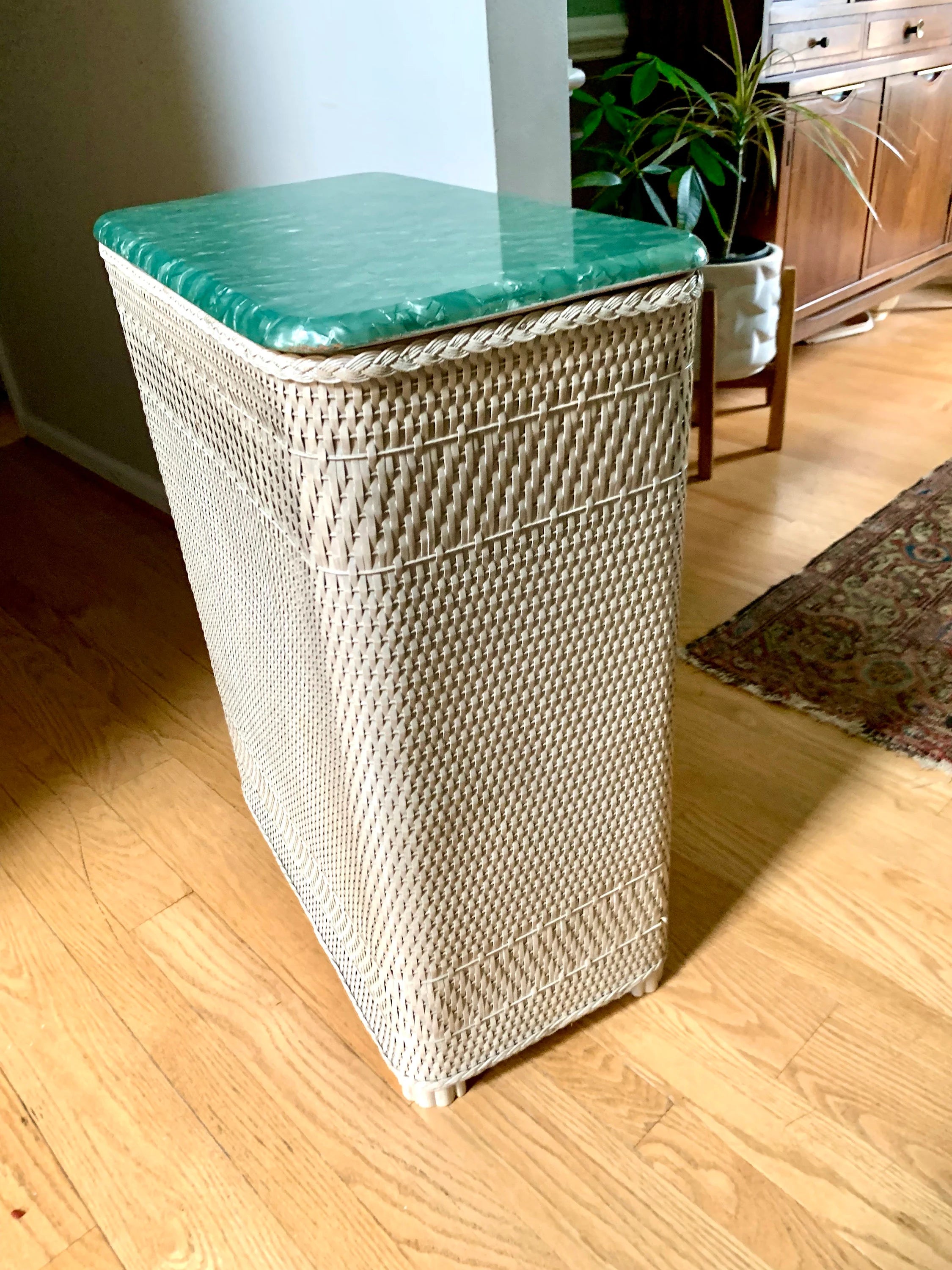 White Wicker Hawkeye Laundry Hamper | Green Faux Marble Top | Rattan Clothes Hamper | MCM Laundry Hamper | Burlington Basket Co. Hamper