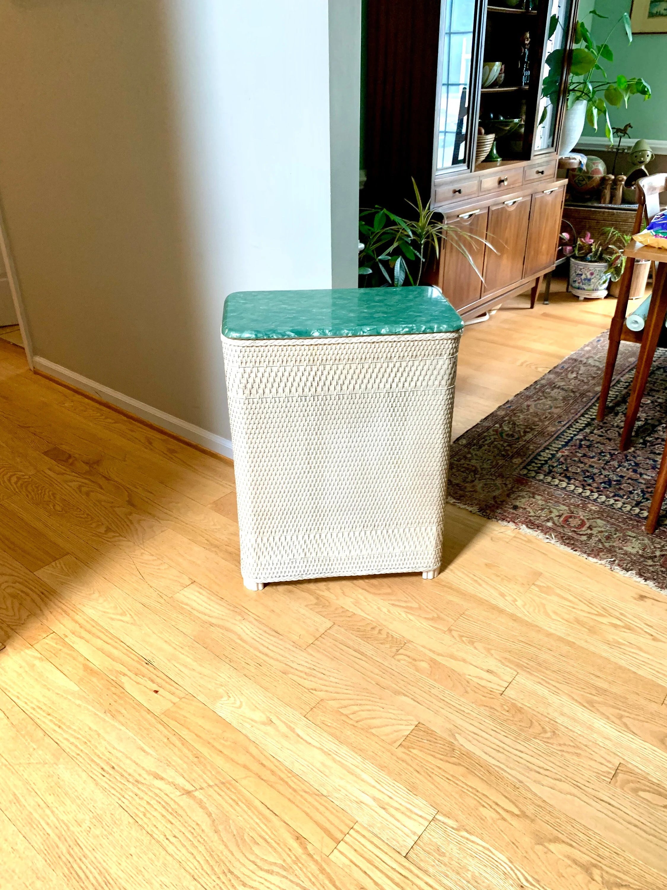 White Wicker Hawkeye Laundry Hamper | Green Faux Marble Top | Rattan Clothes Hamper | MCM Laundry Hamper | Burlington Basket Co. Hamper