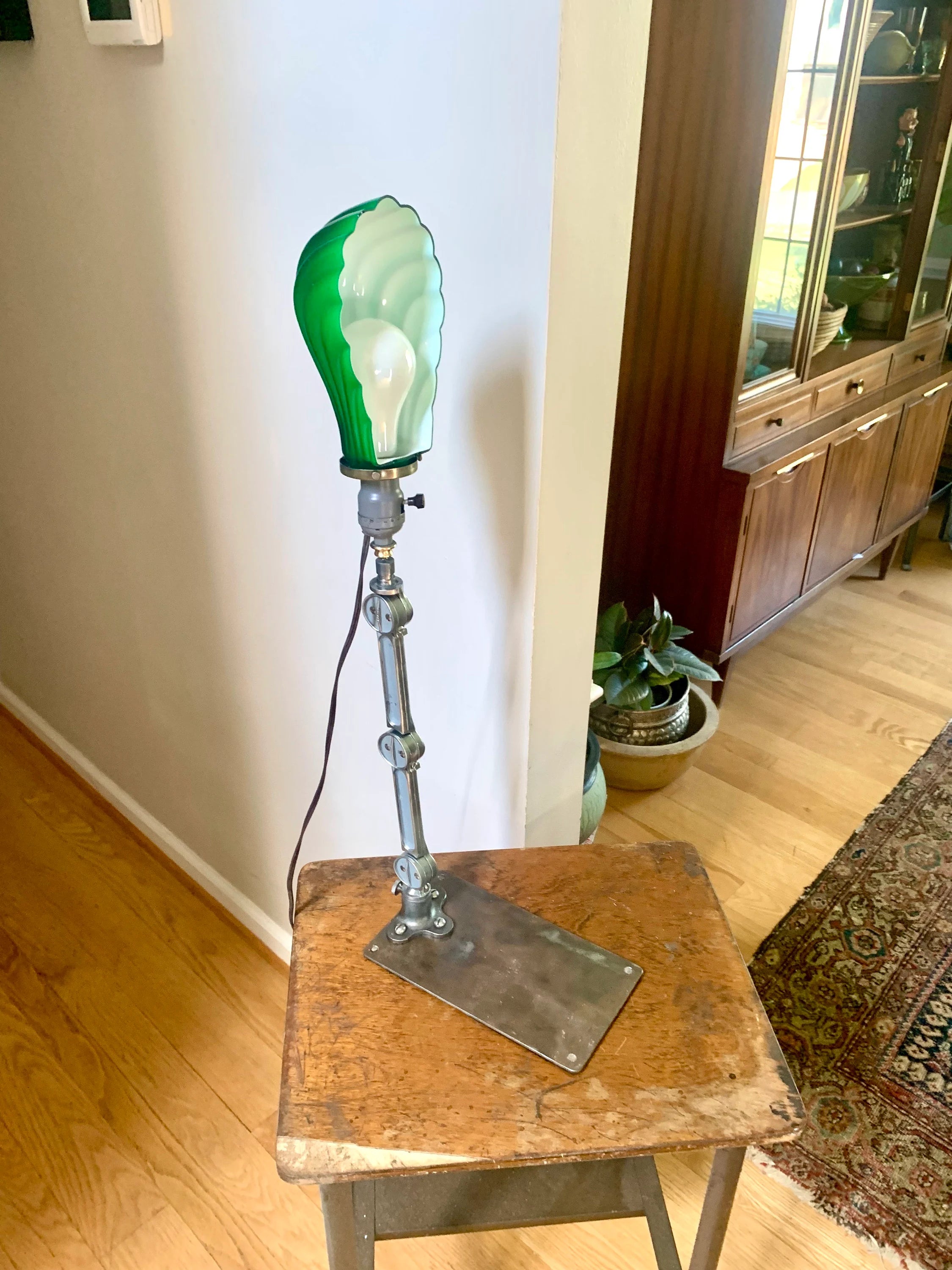 Vintage Industrial Articulating Desk Lamp | Industrial Articulating Arm Task Lamp | Green Glass Shade Articulating Lamp | Machinist Lamp