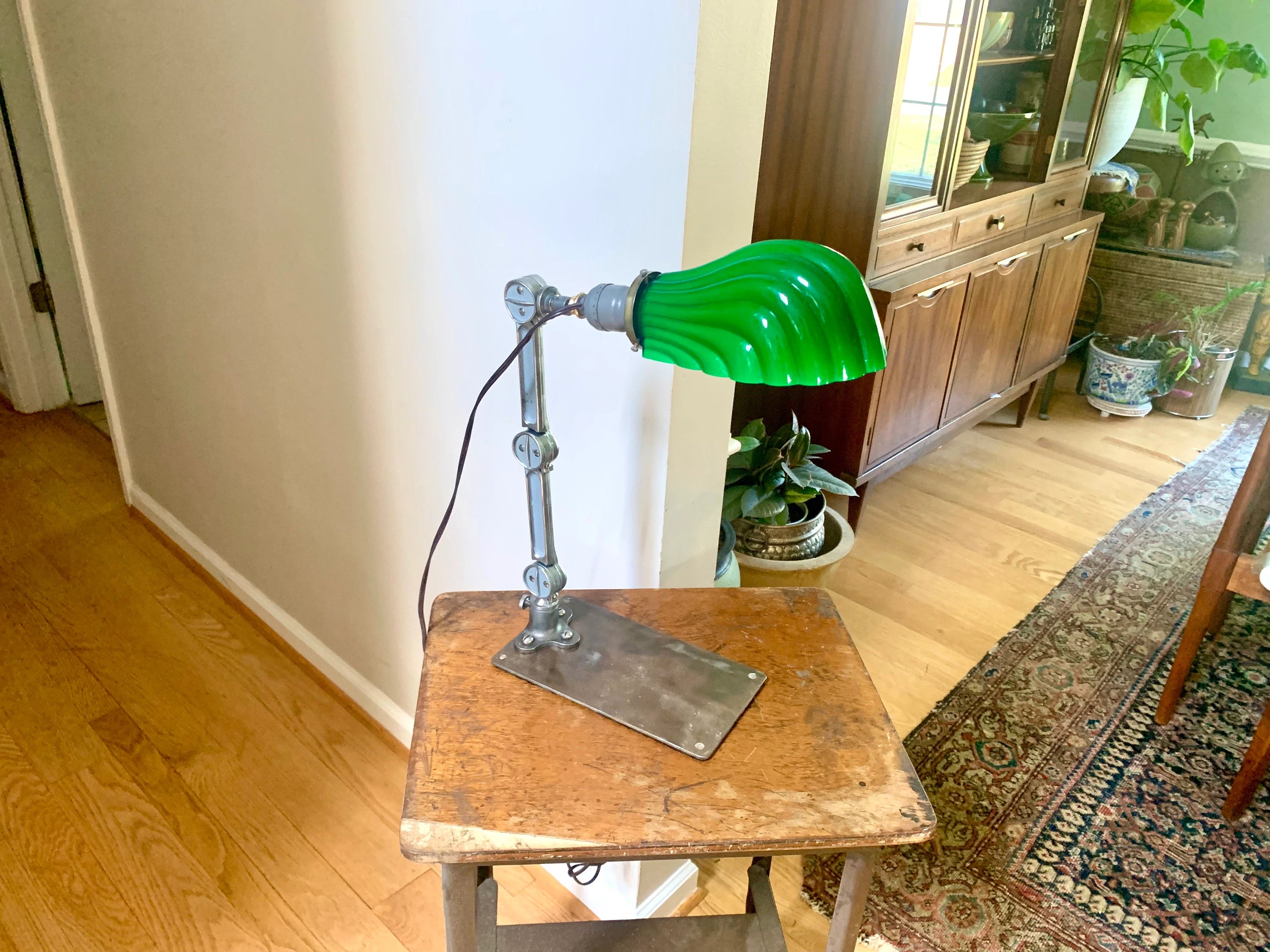 Vintage Industrial Articulating Desk Lamp | Industrial Articulating Arm Task Lamp | Green Glass Shade Articulating Lamp | Machinist Lamp