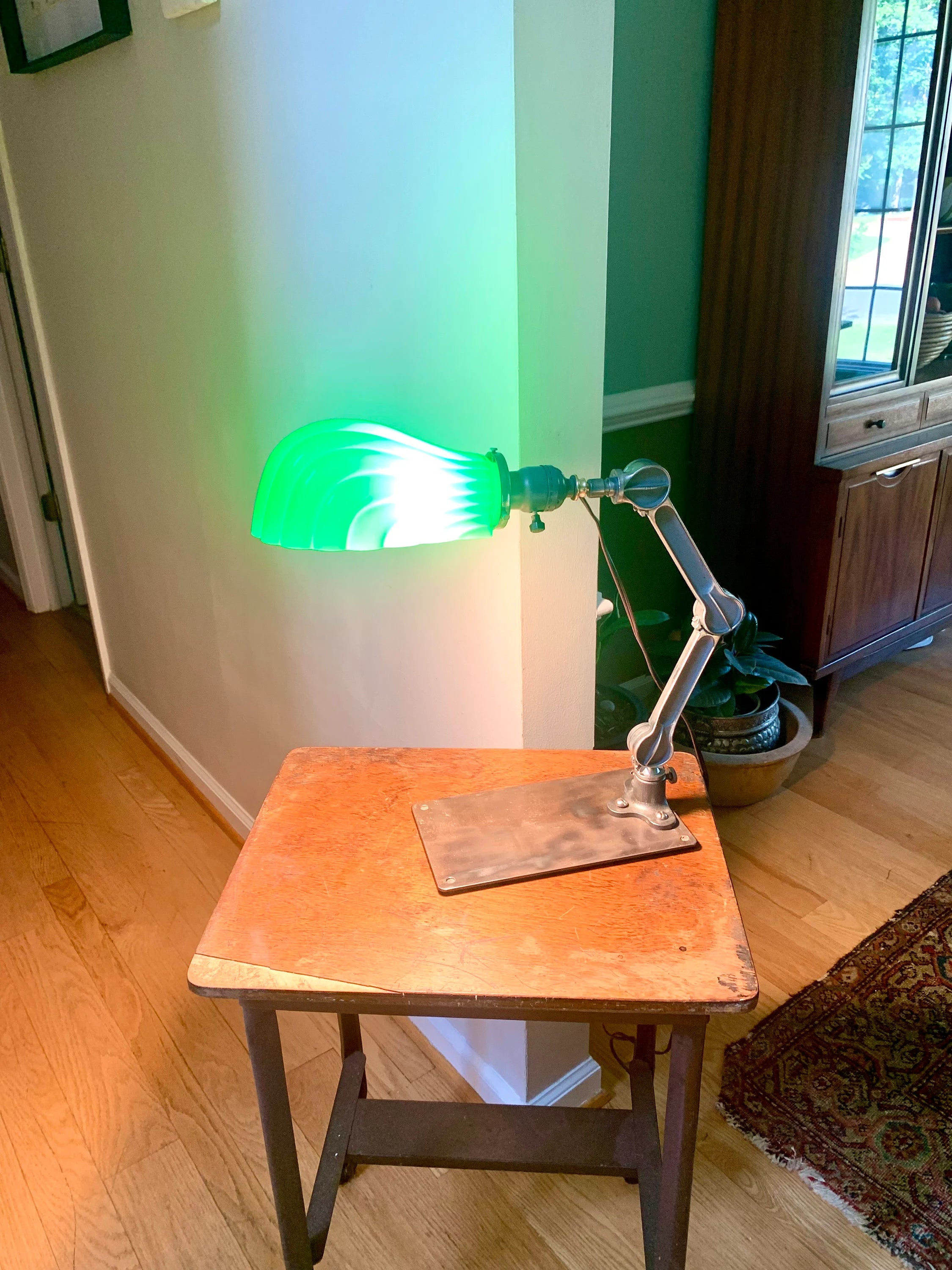 Vintage Industrial Articulating Desk Lamp | Industrial Articulating Arm Task Lamp | Green Glass Shade Articulating Lamp | Machinist Lamp