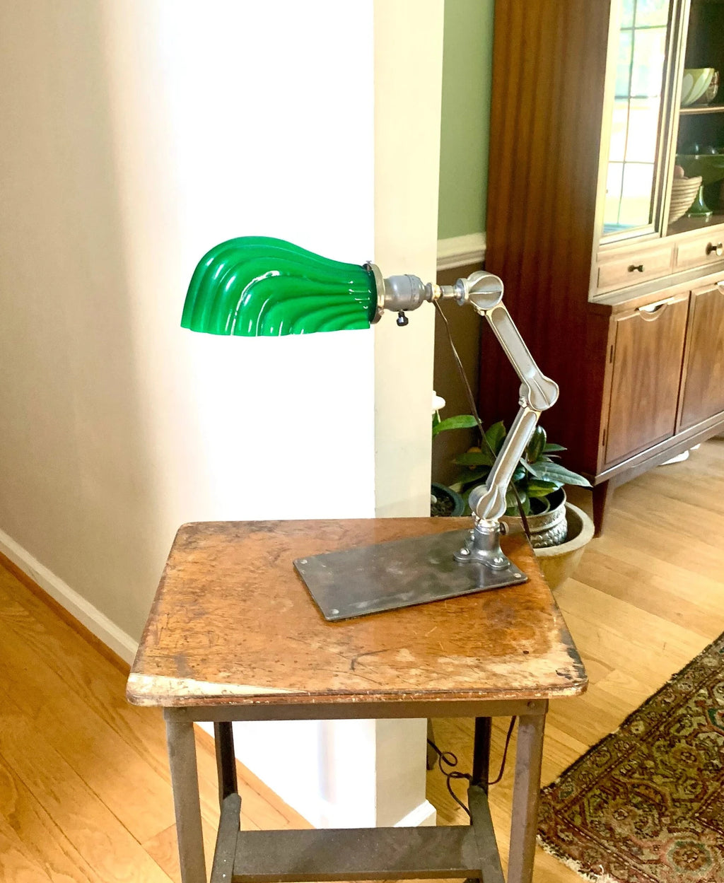 Vintage Industrial Articulating Desk Lamp | Industrial Articulating Arm Task Lamp | Green Glass Shade Articulating Lamp | Machinist Lamp