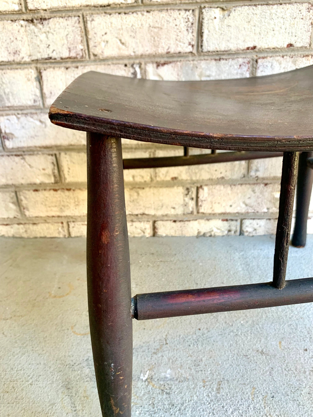 Wooden Stool | Distressed Wood Ottoman | Vintage Bentwood Top Foot Stool | Unique Ottoman | MCM Black Footstool | Antique Wood Plant Stand