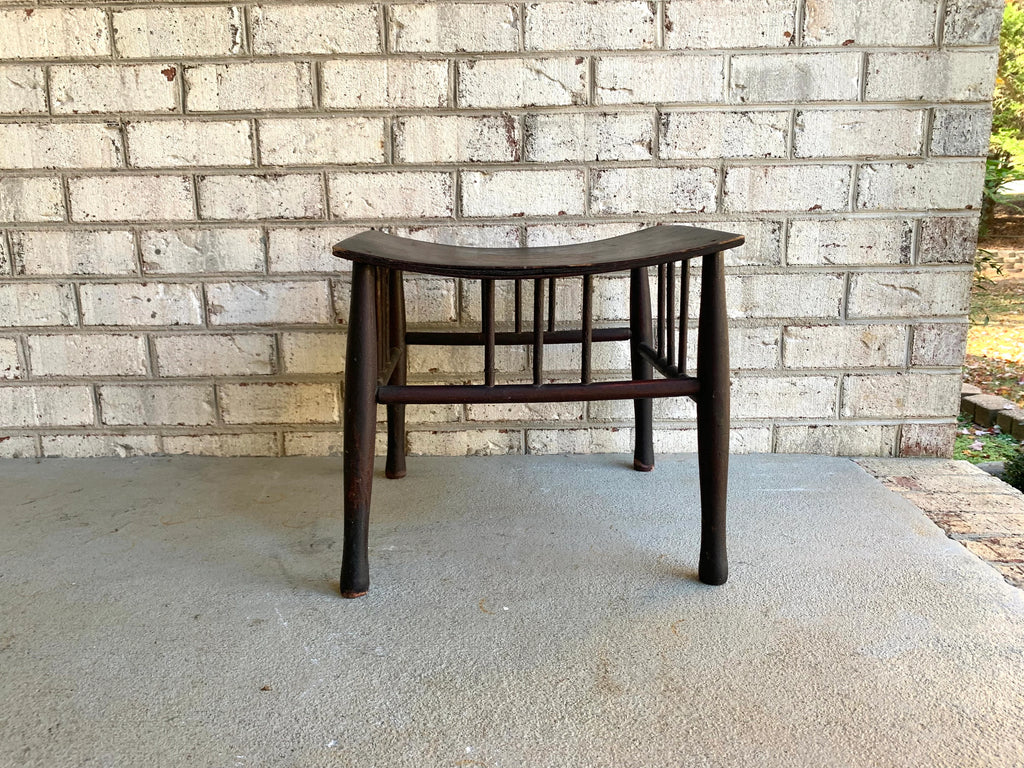 Wooden Stool | Distressed Wood Ottoman | Vintage Bentwood Top Foot Stool | Unique Ottoman | MCM Black Footstool | Antique Wood Plant Stand