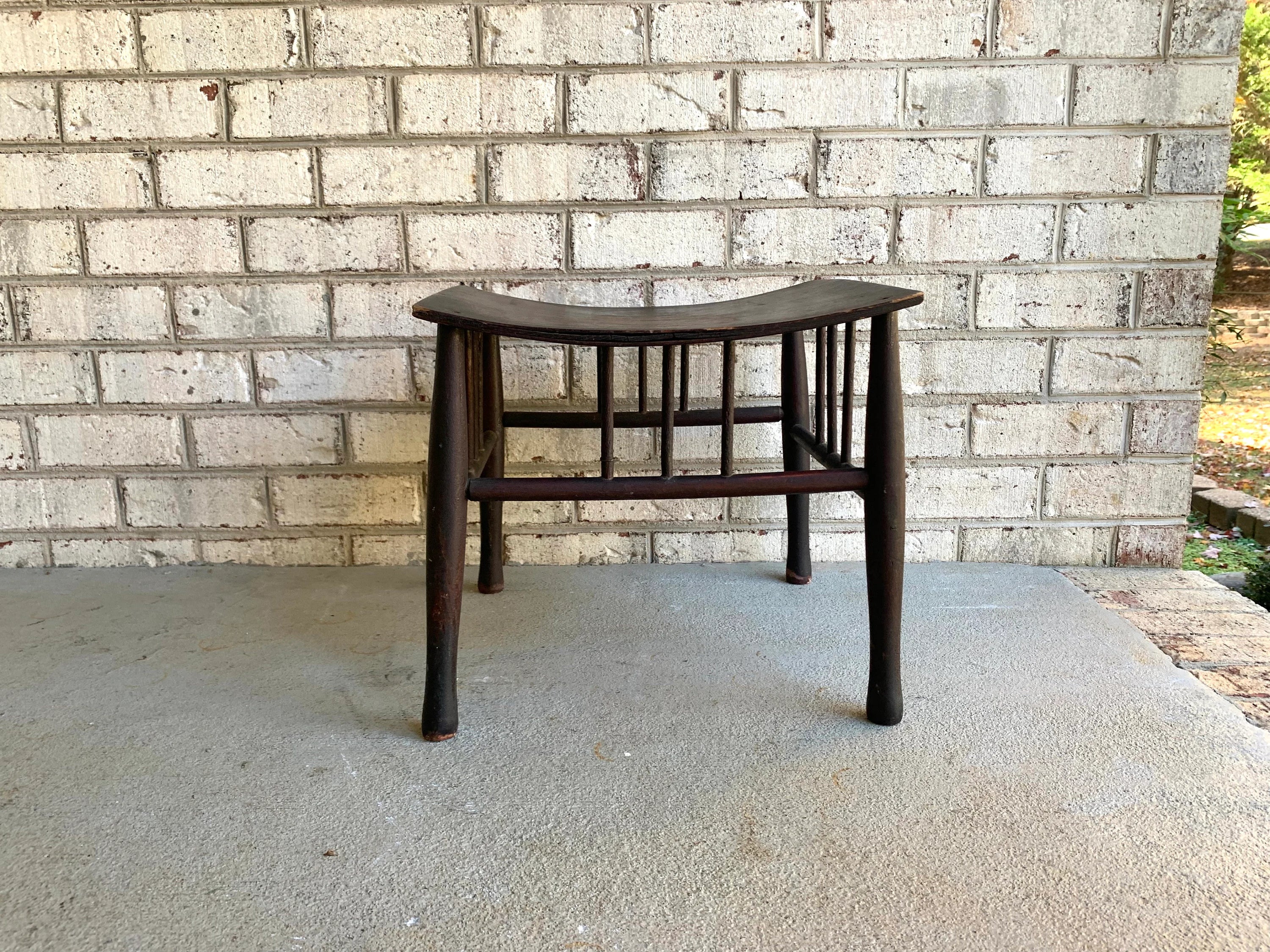 Wooden Stool | Distressed Wood Ottoman | Vintage Bentwood Top Foot Stool | Unique Ottoman | MCM Black Footstool | Antique Wood Plant Stand