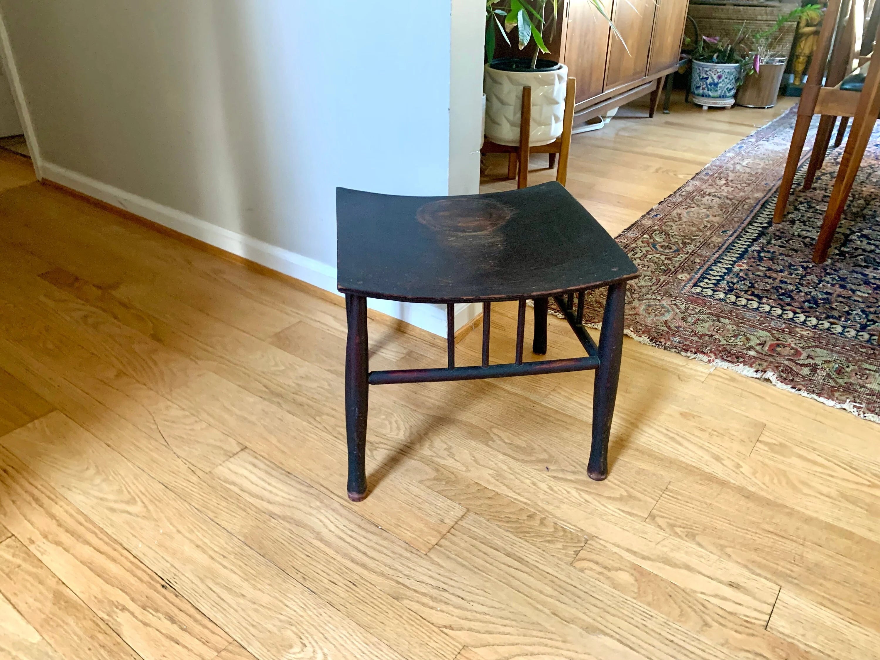 Wooden Stool | Distressed Wood Ottoman | Vintage Bentwood Top Foot Stool | Unique Ottoman | MCM Black Footstool | Antique Wood Plant Stand