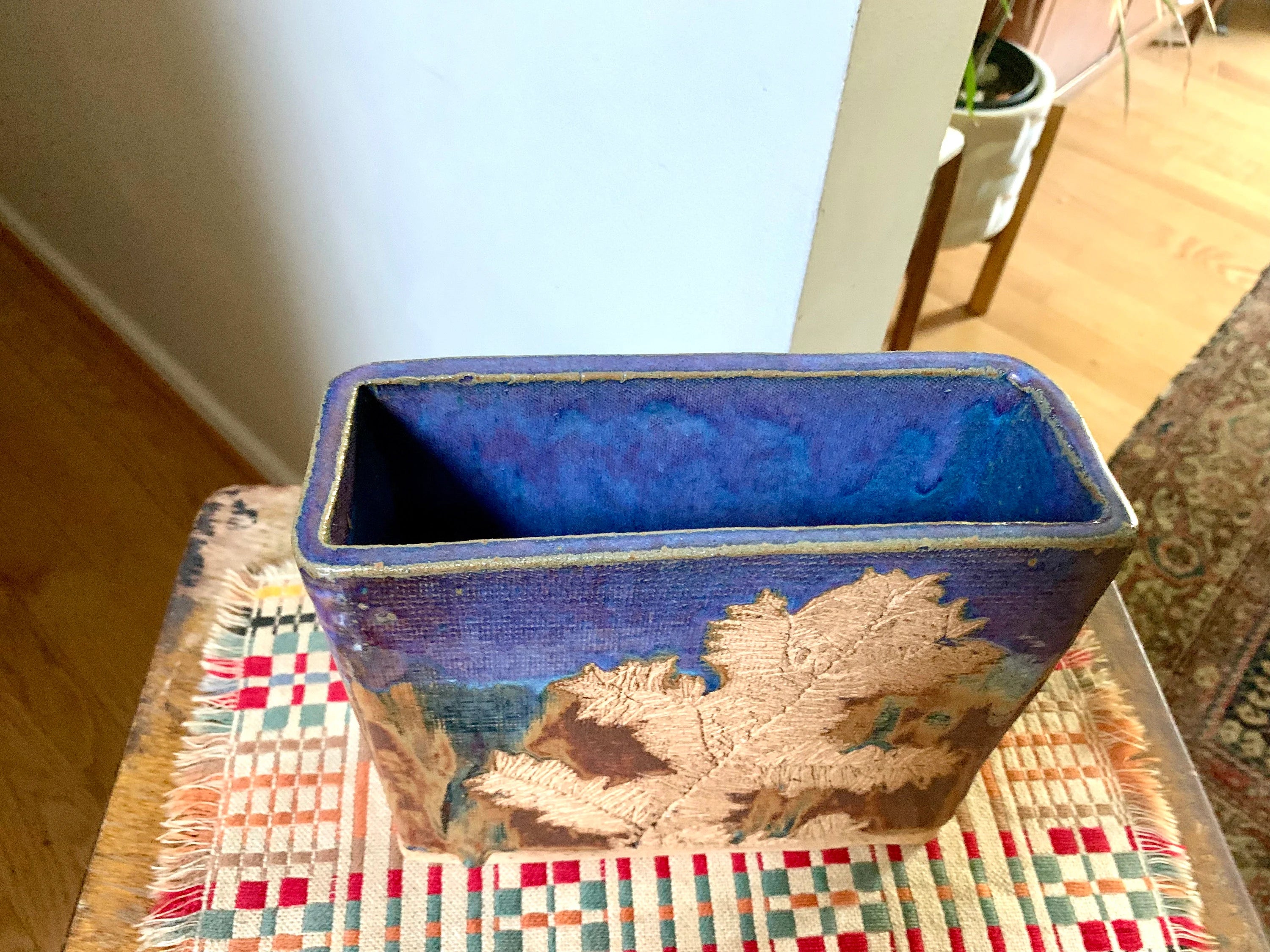 Vintage Rockcliffe Pottery Square Vase | Textured Pottery Vase | Multicolored Glaze Square Leaf Impression Ceramic Vase | Ontario Pottery