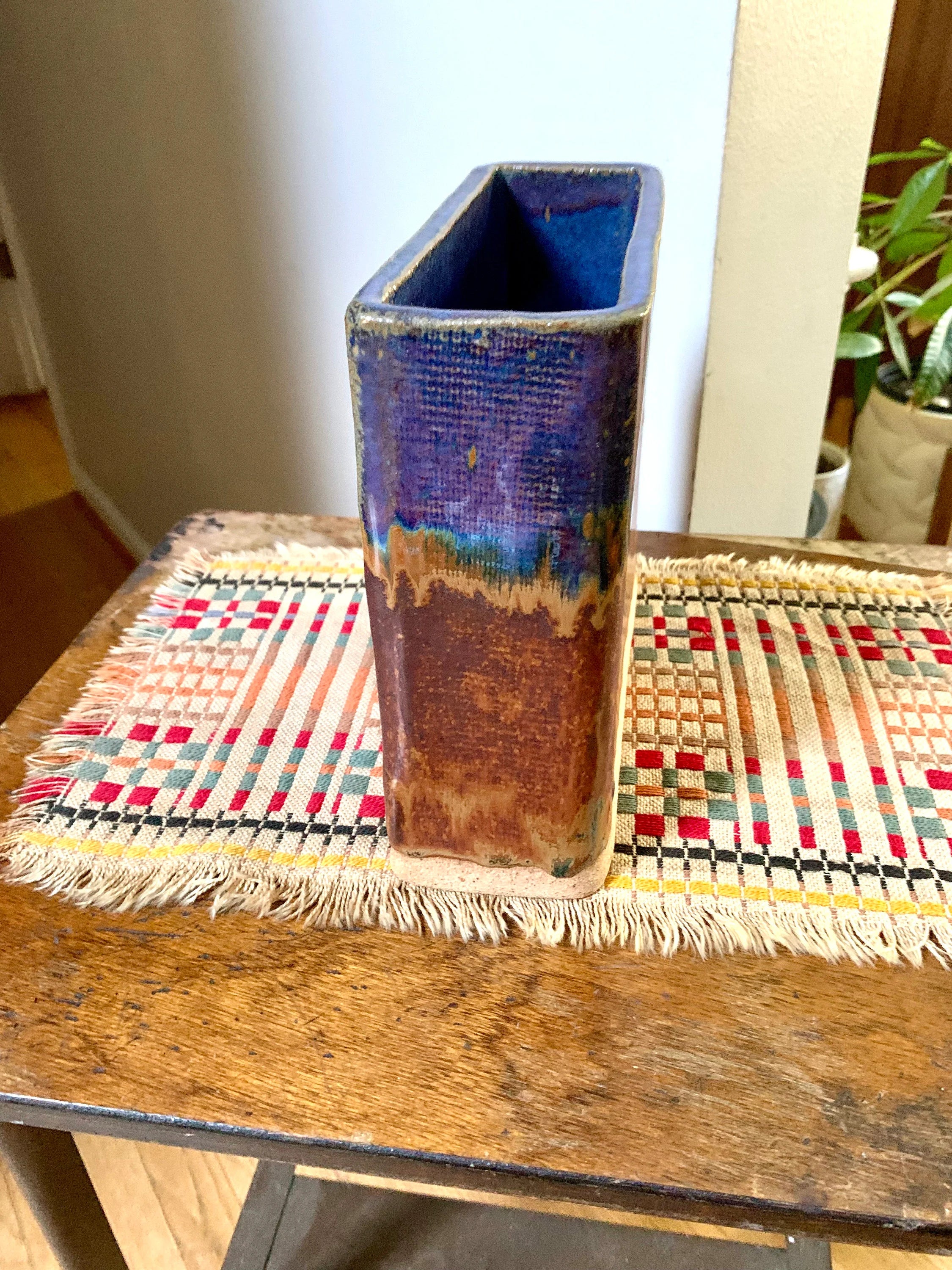 Vintage Rockcliffe Pottery Square Vase | Textured Pottery Vase | Multicolored Glaze Square Leaf Impression Ceramic Vase | Ontario Pottery