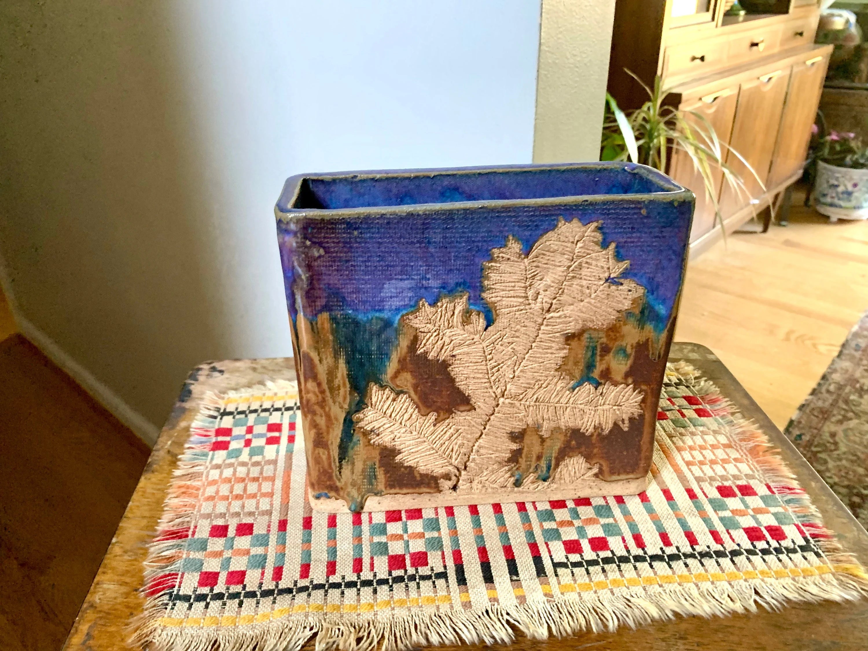 Vintage Rockcliffe Pottery Square Vase | Textured Pottery Vase | Multicolored Glaze Square Leaf Impression Ceramic Vase | Ontario Pottery