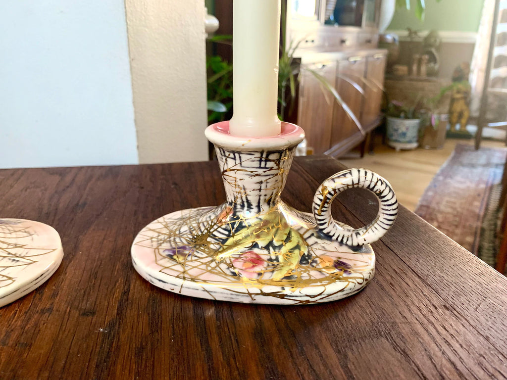 Set of 2 Hull Pottery Candlestick Holders | Vintage Hull Pottery Pink Blossom Flite T11 Candle Holders | Ceramic Floral Candlestick Holders