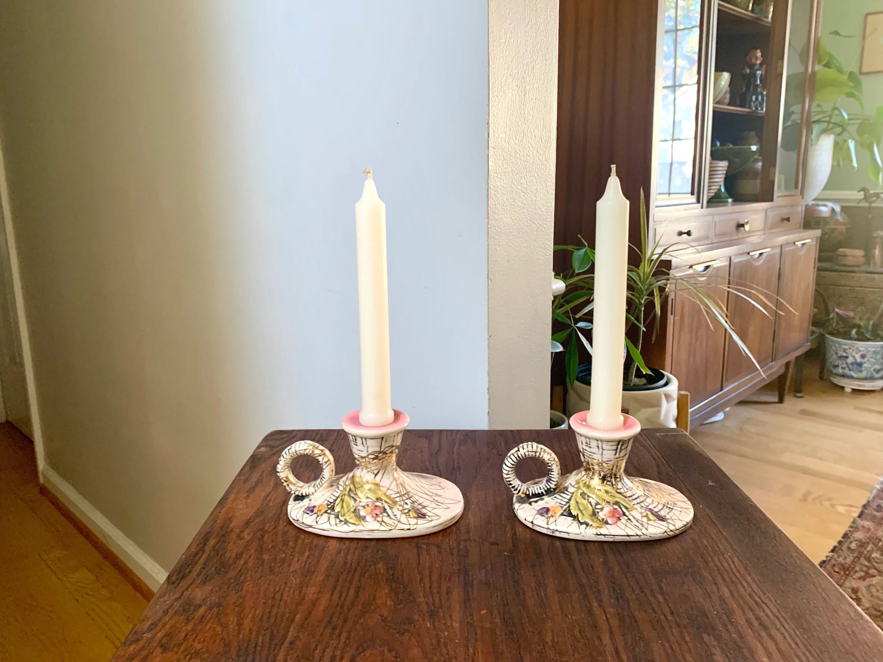 Set of 2 Hull Pottery Candlestick Holders | Vintage Hull Pottery Pink Blossom Flite T11 Candle Holders | Ceramic Floral Candlestick Holders