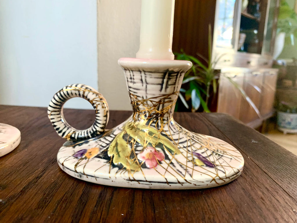 Set of 2 Hull Pottery Candlestick Holders | Vintage Hull Pottery Pink Blossom Flite T11 Candle Holders | Ceramic Floral Candlestick Holders