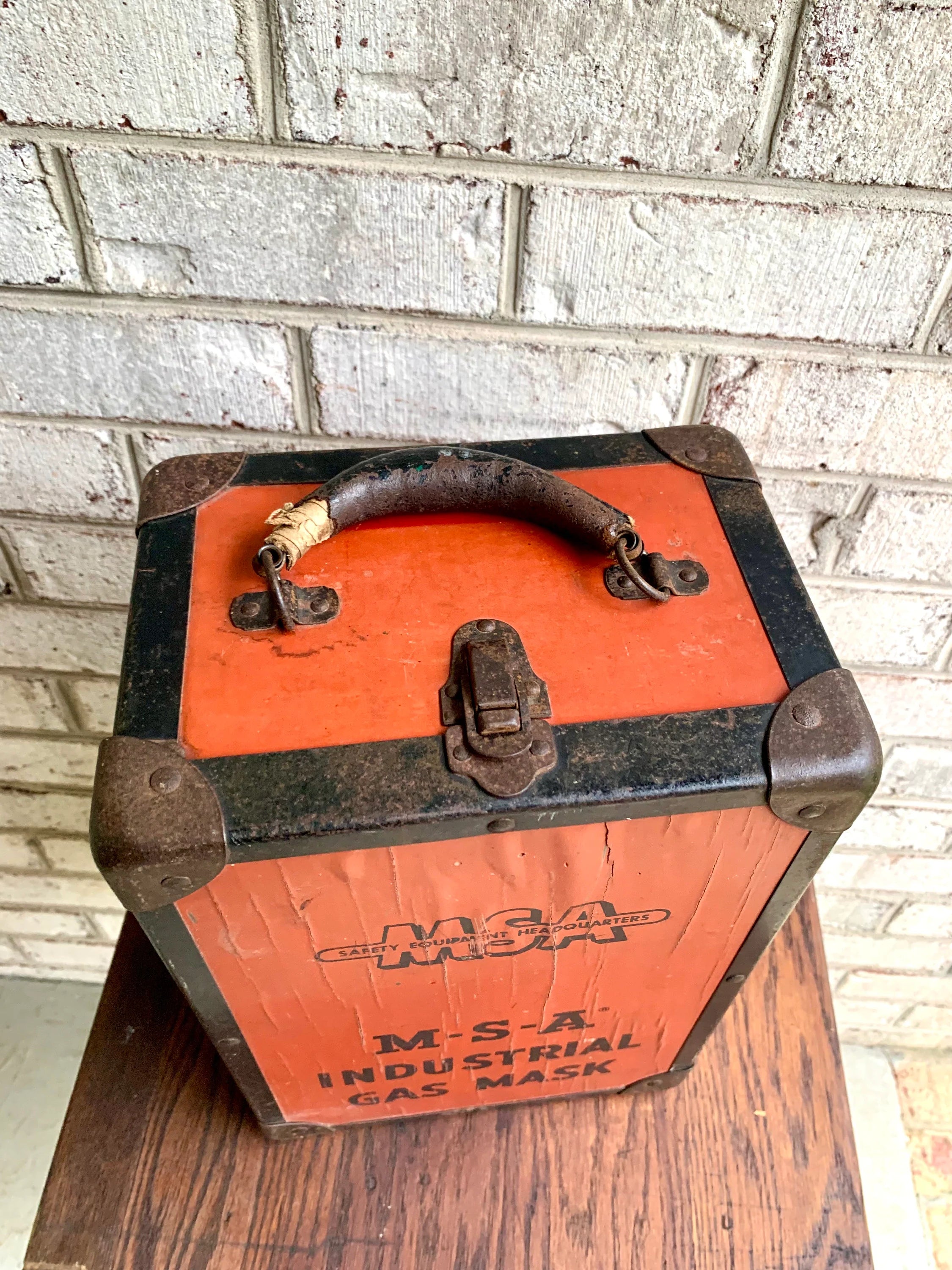 Distressed MSA Industrial Gas Mask Box | Gas Mask Container Box | Rustic Storage Box | Vintage Small Wood Chest | Orange Box | Gas Mask Storage Box