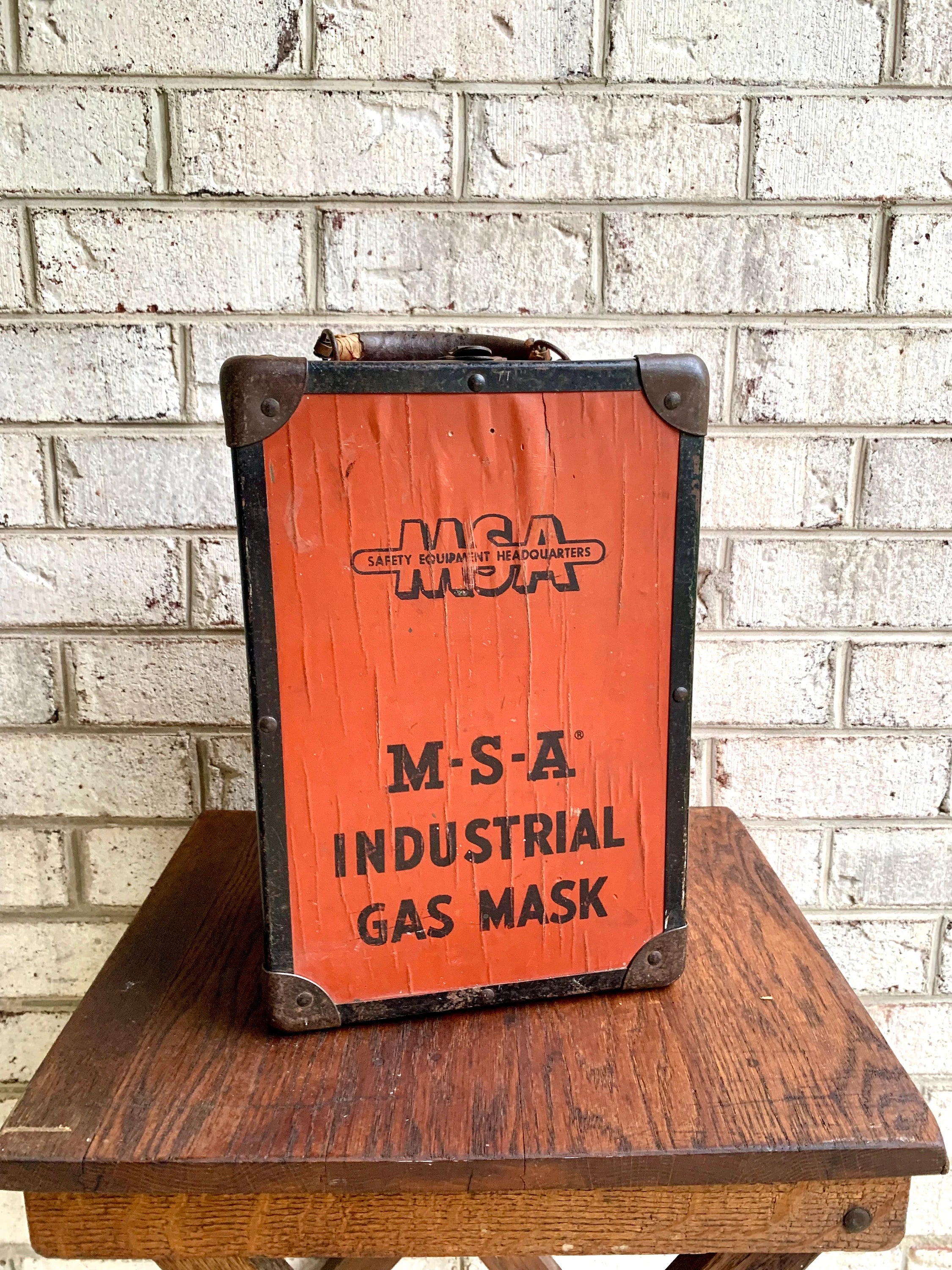 Distressed MSA Industrial Gas Mask Box | Gas Mask Container Box | Rustic Storage Box | Vintage Small Wood Chest | Orange Box | Gas Mask Storage Box