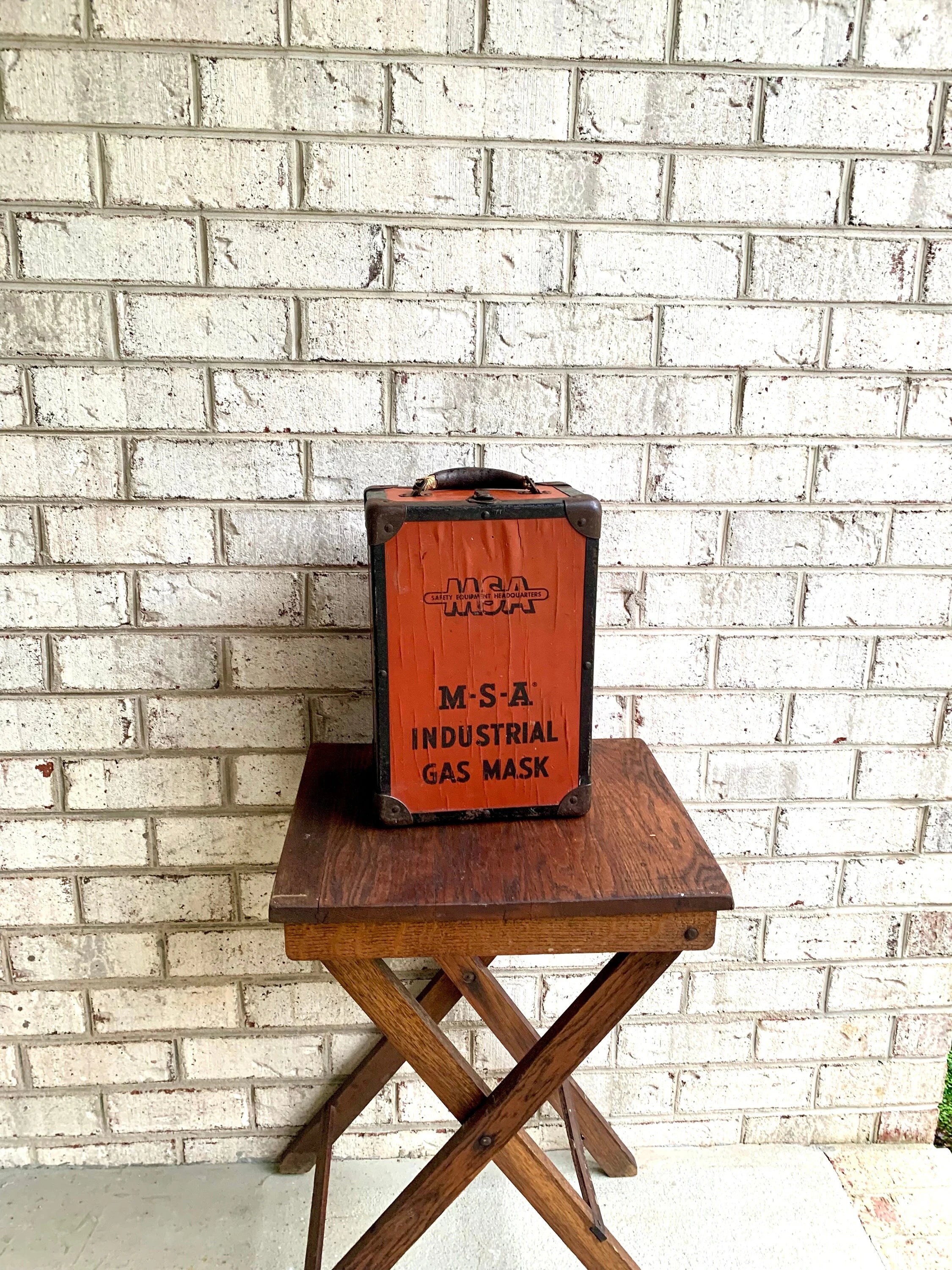Distressed MSA Industrial Gas Mask Box | Gas Mask Container Box | Rustic Storage Box | Vintage Small Wood Chest | Orange Box | Gas Mask Storage Box