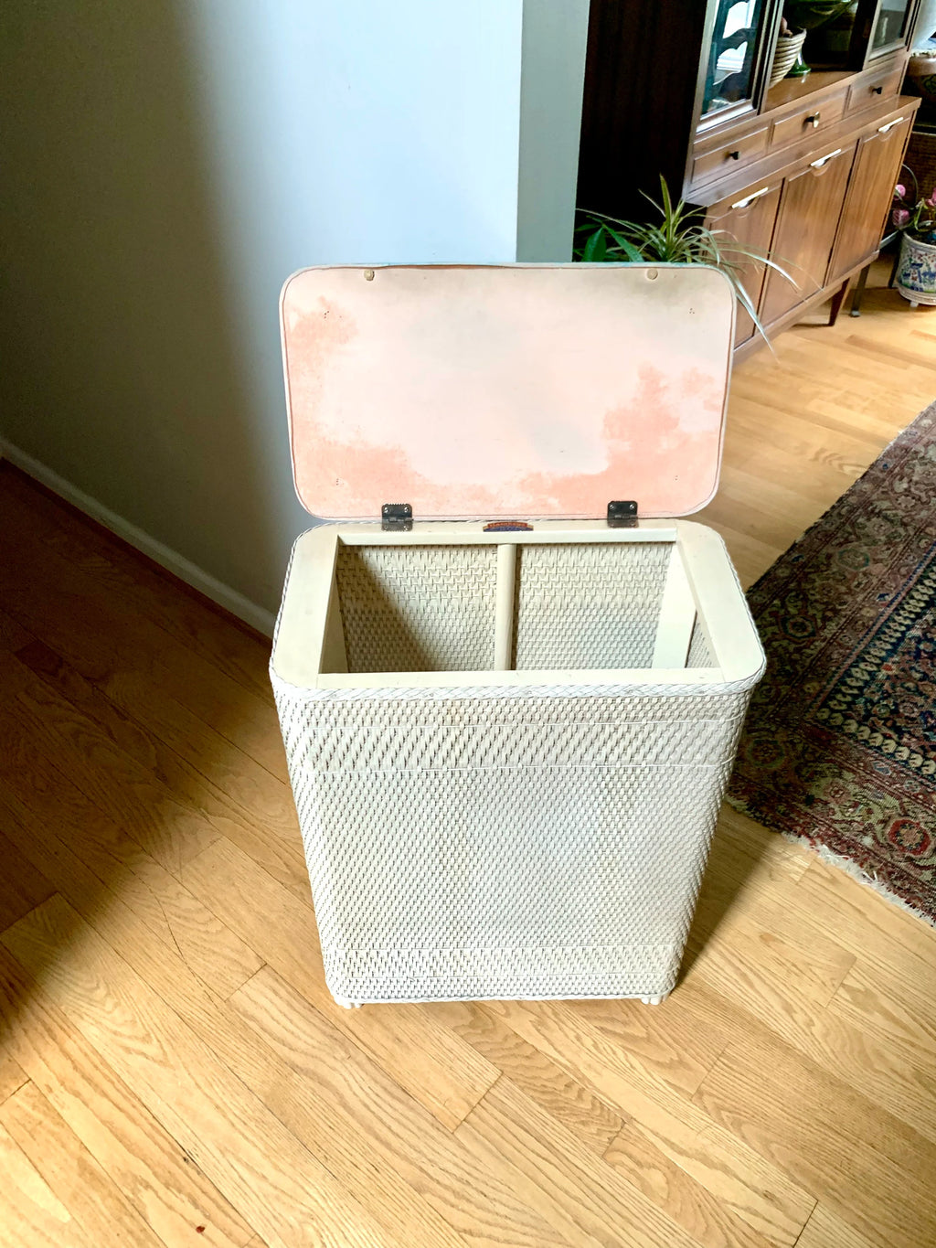 White Wicker Hawkeye Laundry Hamper | Green Faux Marble Top | Rattan Clothes Hamper | MCM Laundry Hamper | Burlington Basket Co. Hamper