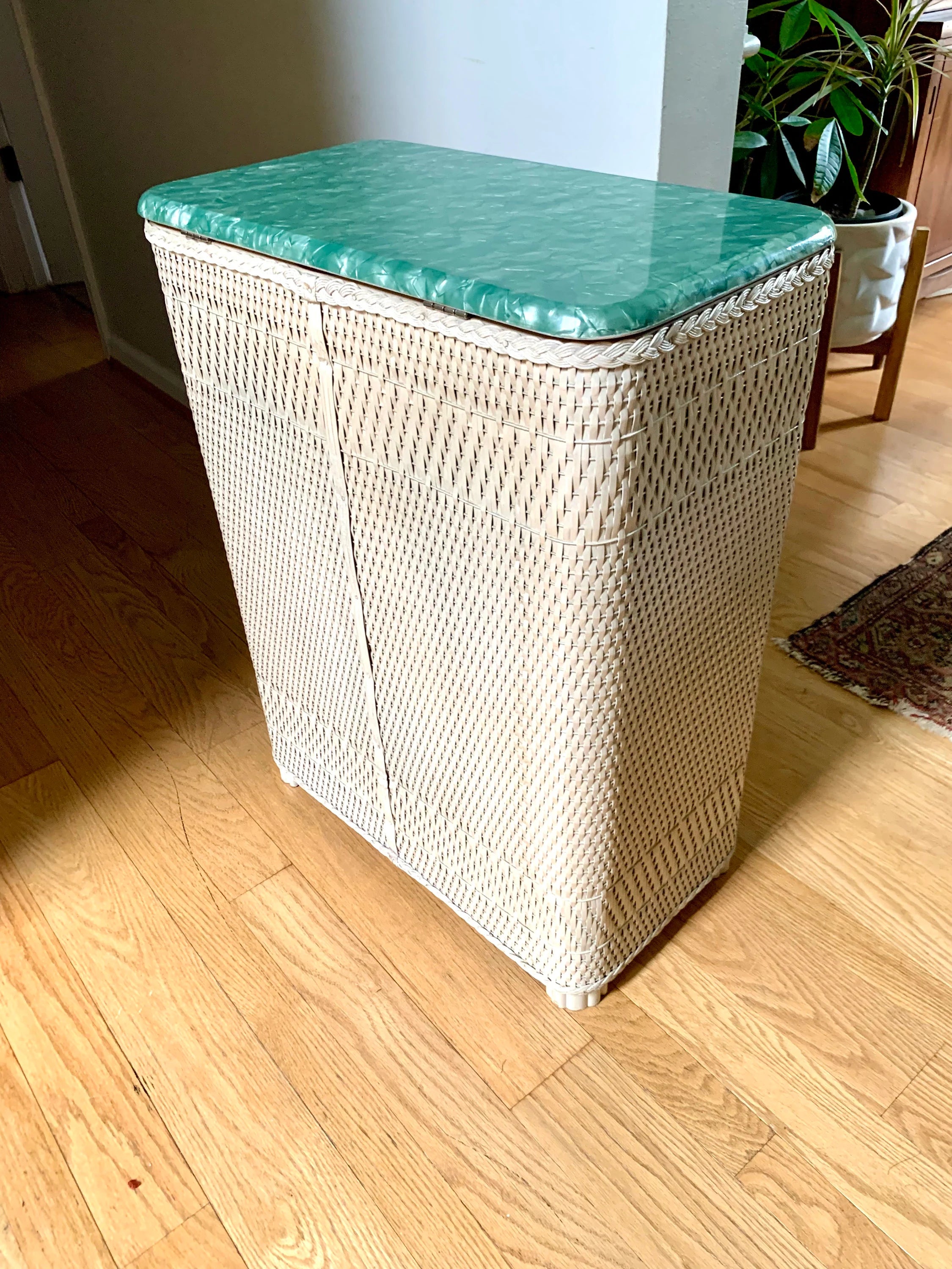 White Wicker Hawkeye Laundry Hamper | Green Faux Marble Top | Rattan Clothes Hamper | MCM Laundry Hamper | Burlington Basket Co. Hamper