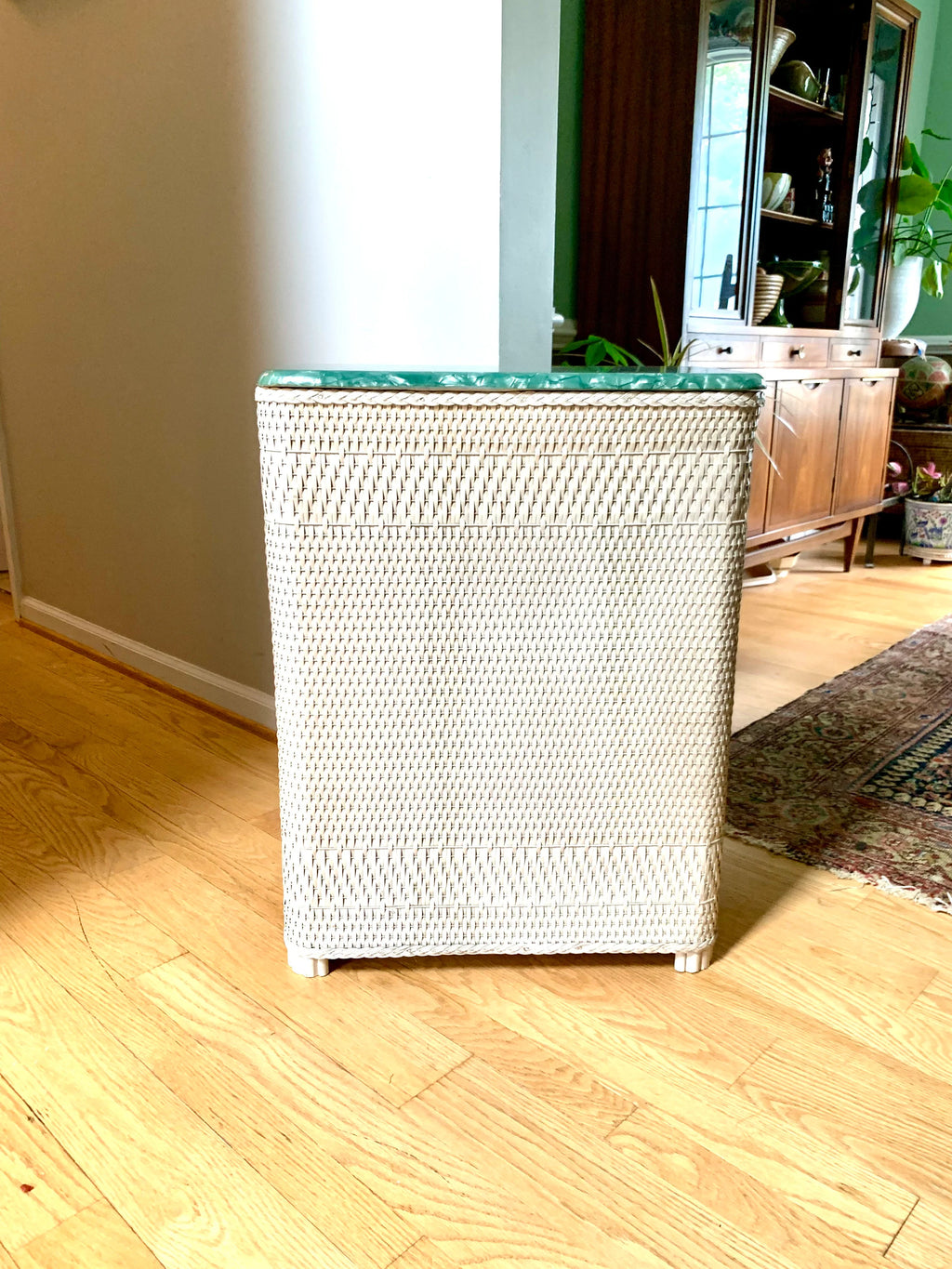 White Wicker Hawkeye Laundry Hamper | Green Faux Marble Top | Rattan Clothes Hamper | MCM Laundry Hamper | Burlington Basket Co. Hamper
