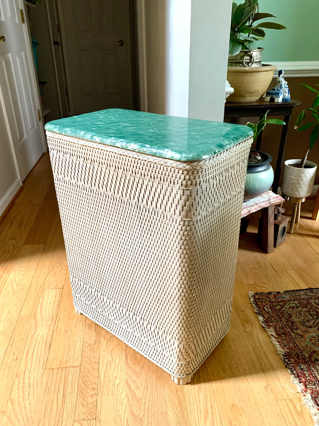 White Wicker Hawkeye Laundry Hamper | Green Faux Marble Top | Rattan Clothes Hamper | MCM Laundry Hamper | Burlington Basket Co. Hamper