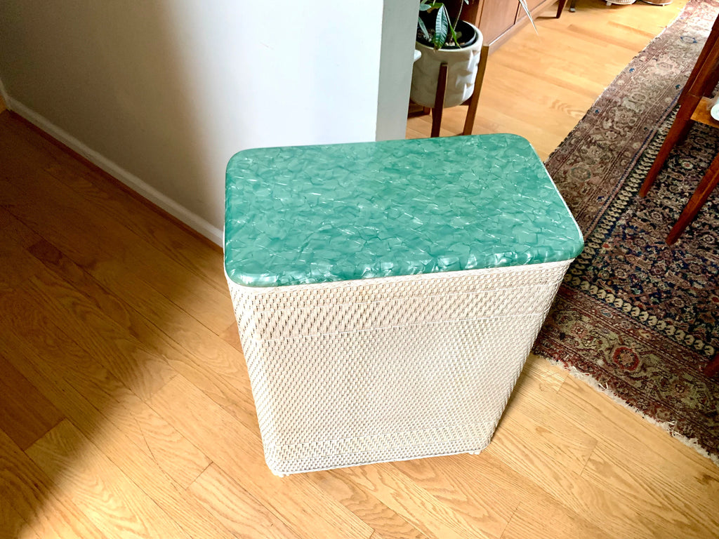 White Wicker Hawkeye Laundry Hamper | Green Faux Marble Top | Rattan Clothes Hamper | MCM Laundry Hamper | Burlington Basket Co. Hamper