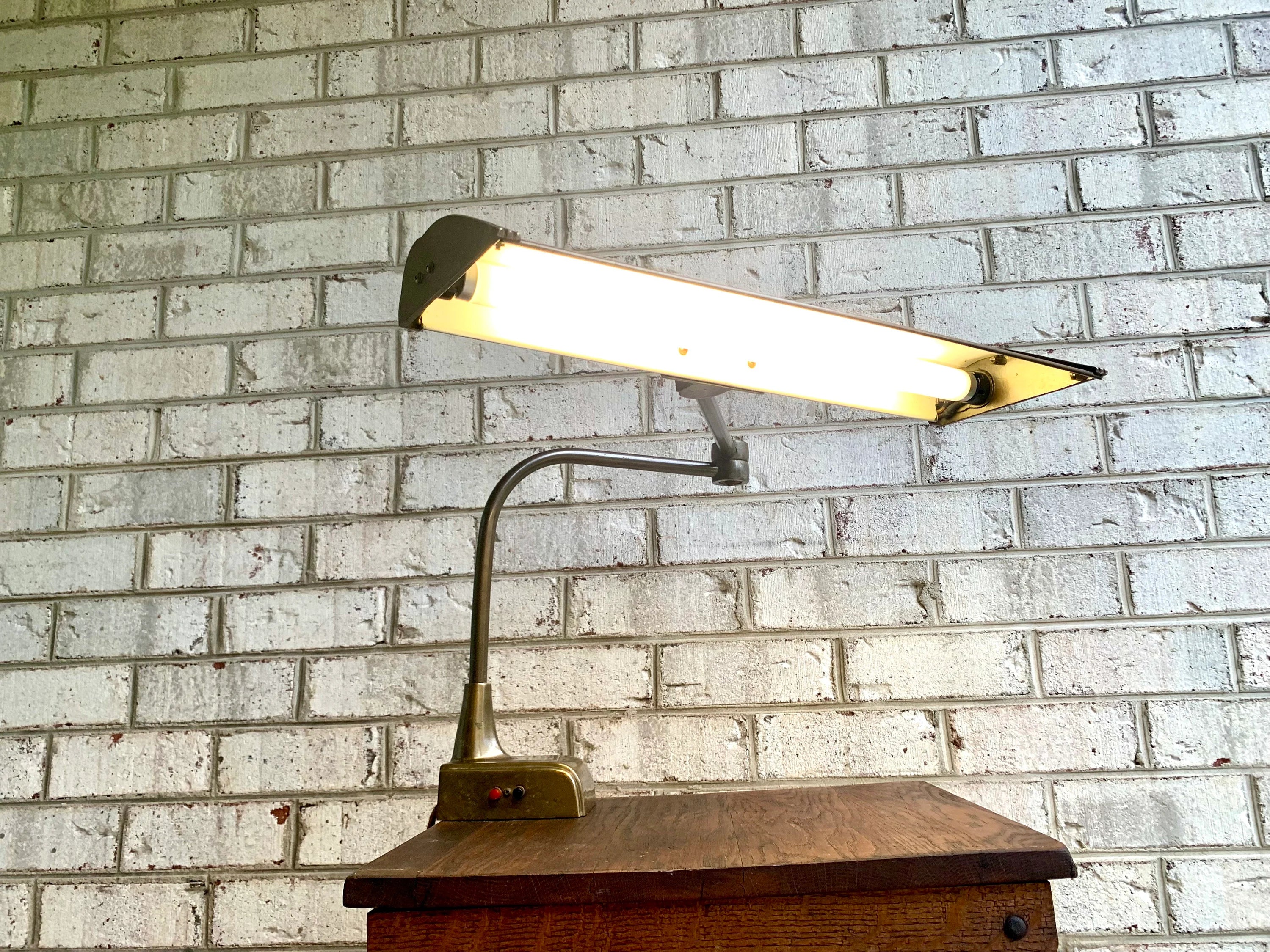 Early Clamp On Swing Arm Lamp | Vintage Swing Arm Drafting Lamp | Swing Arm Florescent Lamp | Work Station Lamp | Clamp Style Desk Lamp