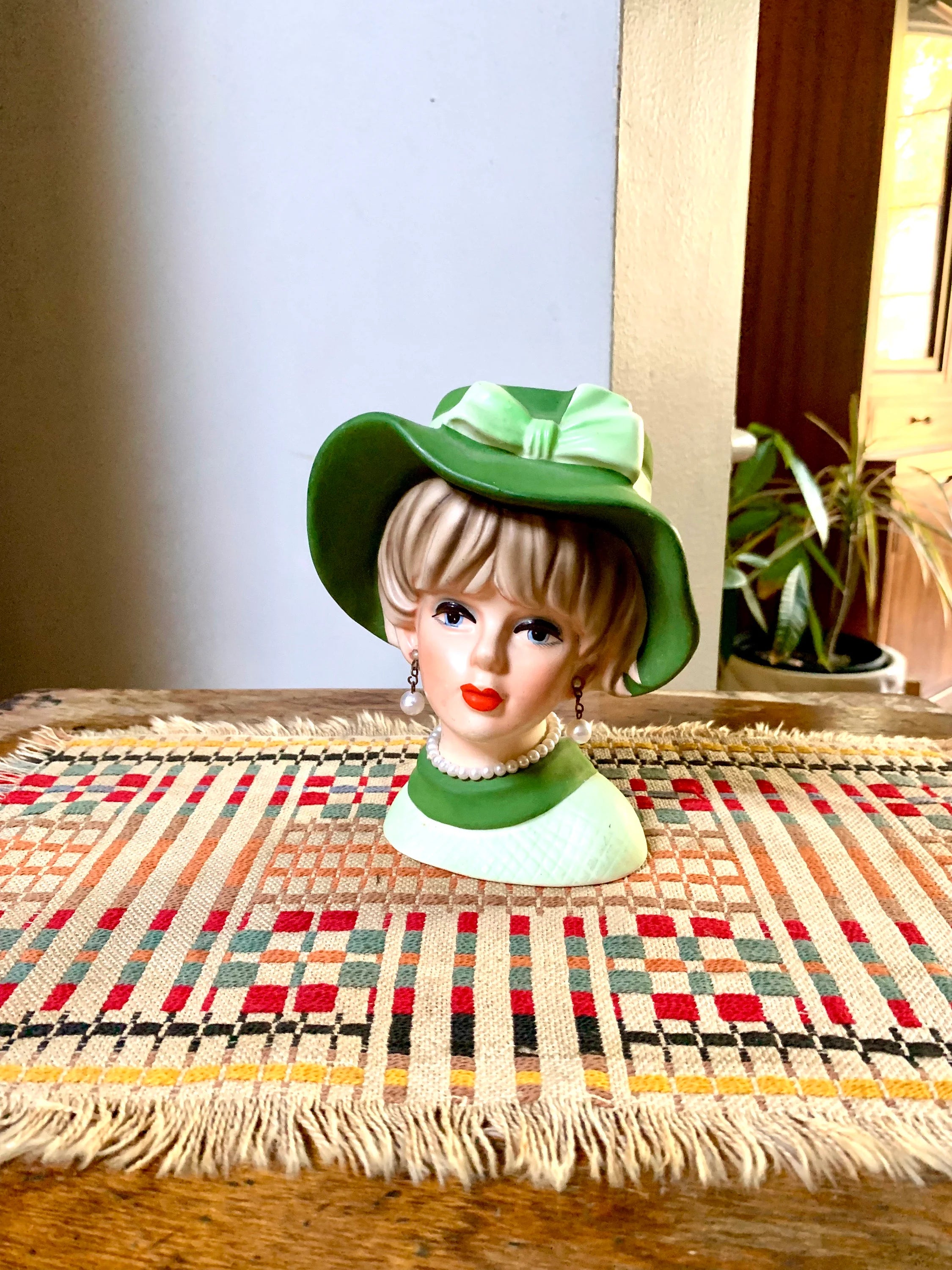 1950's Napcoware C7494 Blonde Lady Head Vase | Vintage Green 1950's Japan Napco Ceramic Head Vase | Hand Painted Head Vase | Ceramic Florist Ware