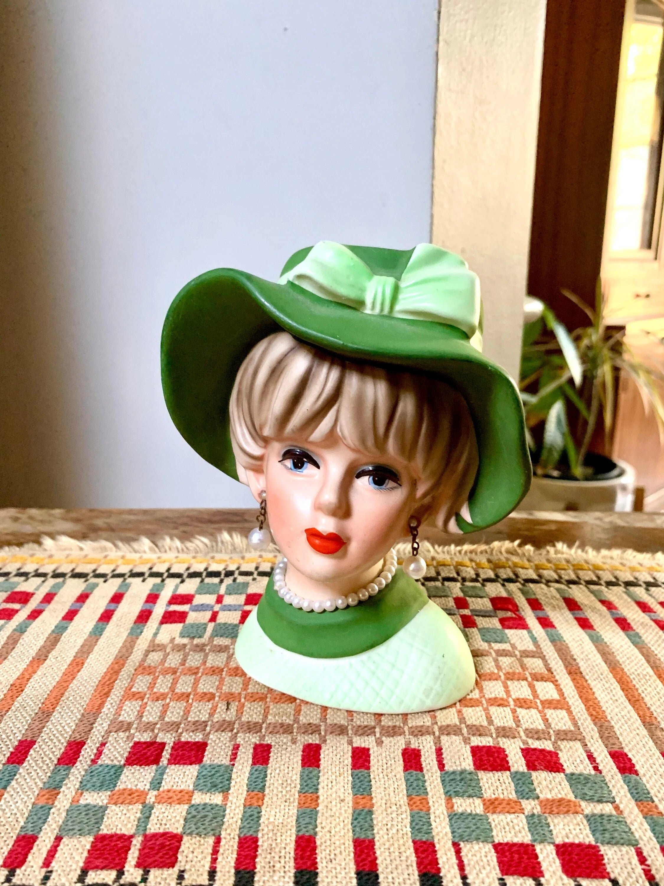 1950's Napcoware C7494 Blonde Lady Head Vase | Vintage Green 1950's Japan Napco Ceramic Head Vase | Hand Painted Head Vase | Ceramic Florist Ware