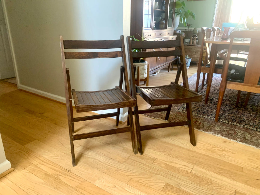 A Set Of 2 Wood Folding Chairs | Mid Century Folding Wood Slat Chairs | Extra Seating Wood Chairs | Made In Yugoslavia Wood Chairs