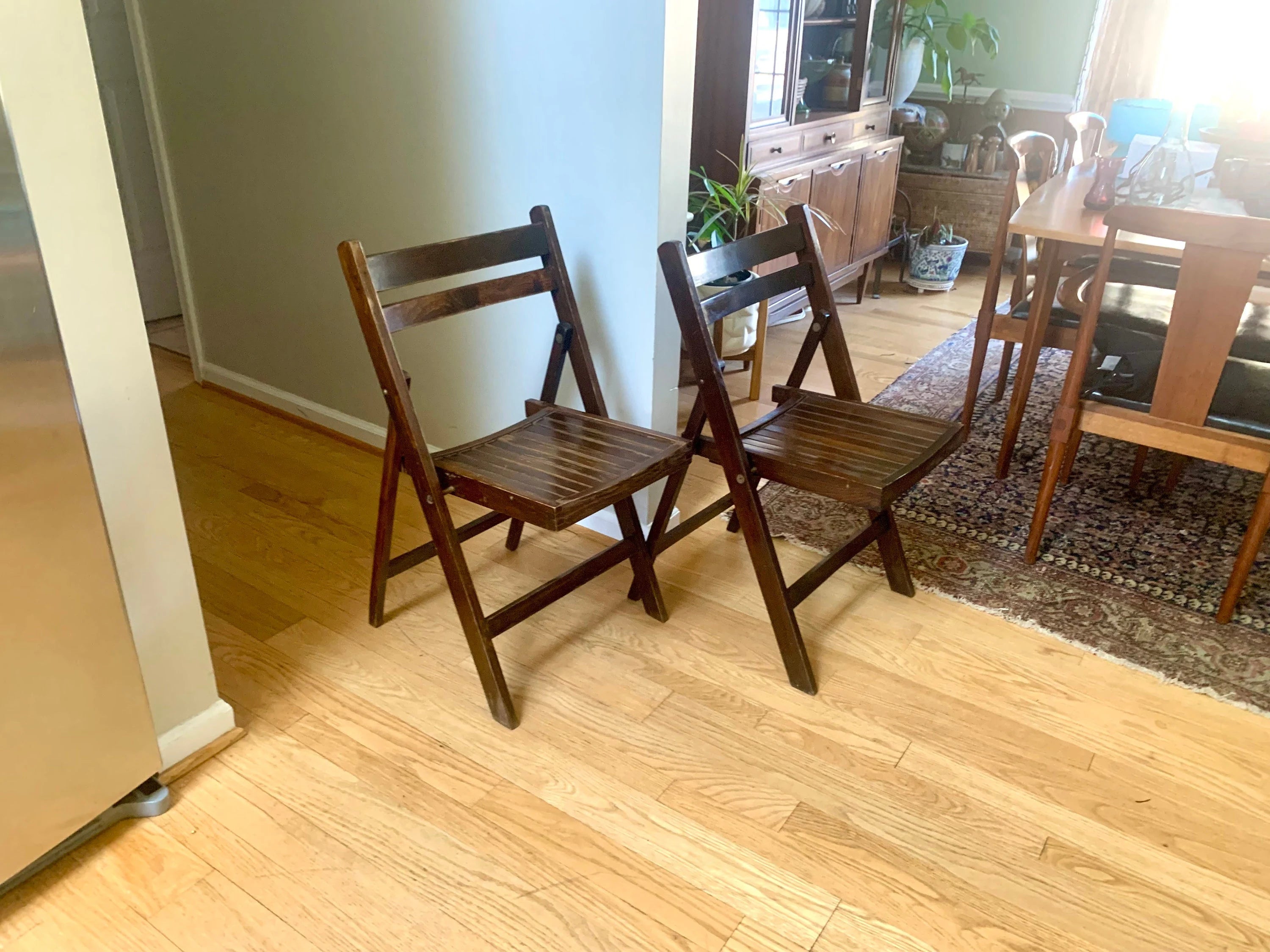 A Set Of 2 Wood Folding Chairs | Mid Century Folding Wood Slat Chairs | Extra Seating Wood Chairs | Made In Yugoslavia Wood Chairs