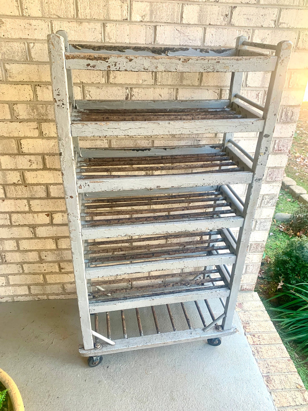 Vtg Wood Rolling Baking Tray Cart | Industrial Pottery Cart | Vtg Distressed Wood Shoe Cart| Baker's Rack | Rustic Wood Rolling Shelf
