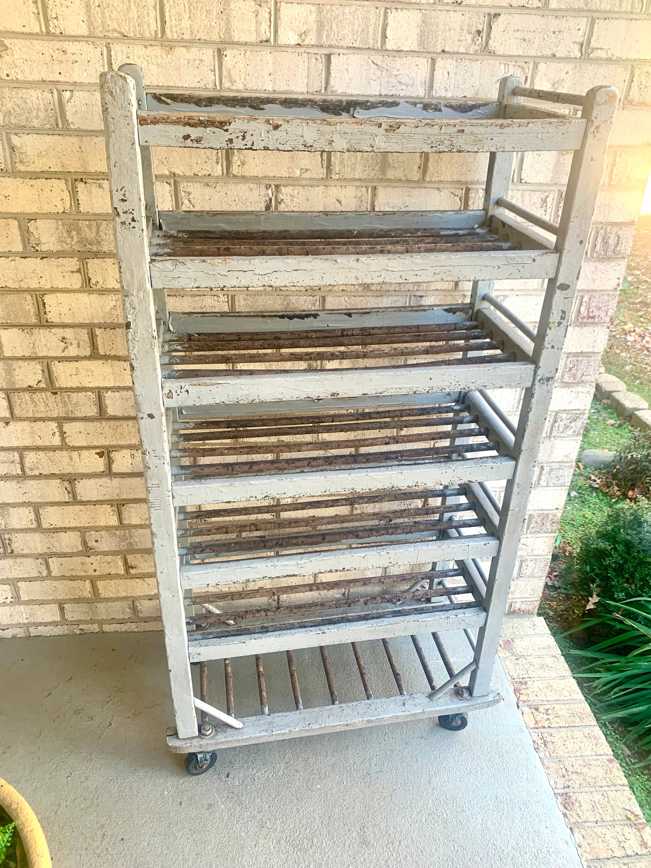Vtg Wood Rolling Baking Tray Cart | Industrial Pottery Cart | Vtg Distressed Wood Shoe Cart| Baker's Rack | Rustic Wood Rolling Shelf
