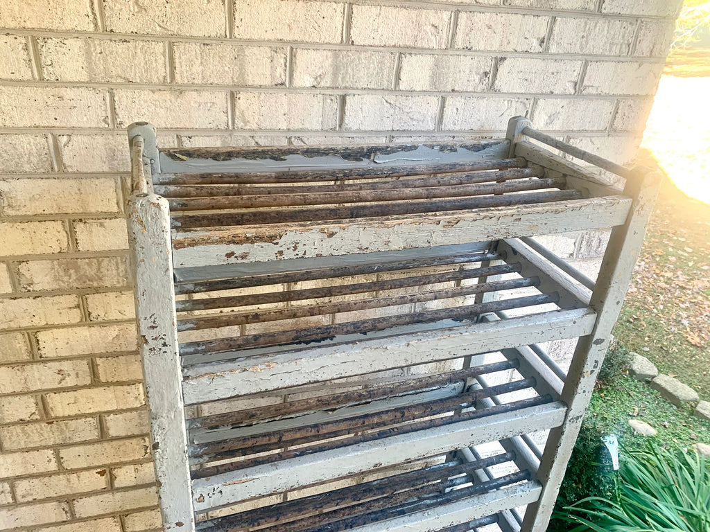 Vtg Wood Rolling Baking Tray Cart | Industrial Pottery Cart | Vtg Distressed Wood Shoe Cart| Baker's Rack | Rustic Wood Rolling Shelf