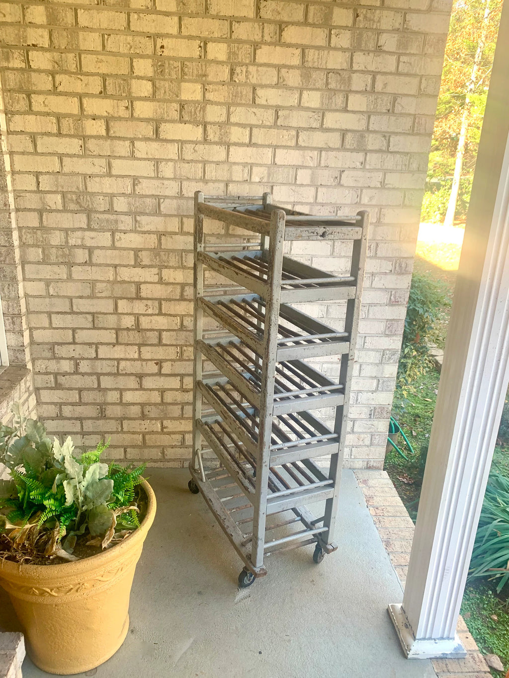 Vtg Wood Rolling Baking Tray Cart | Industrial Pottery Cart | Vtg Distressed Wood Shoe Cart| Baker's Rack | Rustic Wood Rolling Shelf
