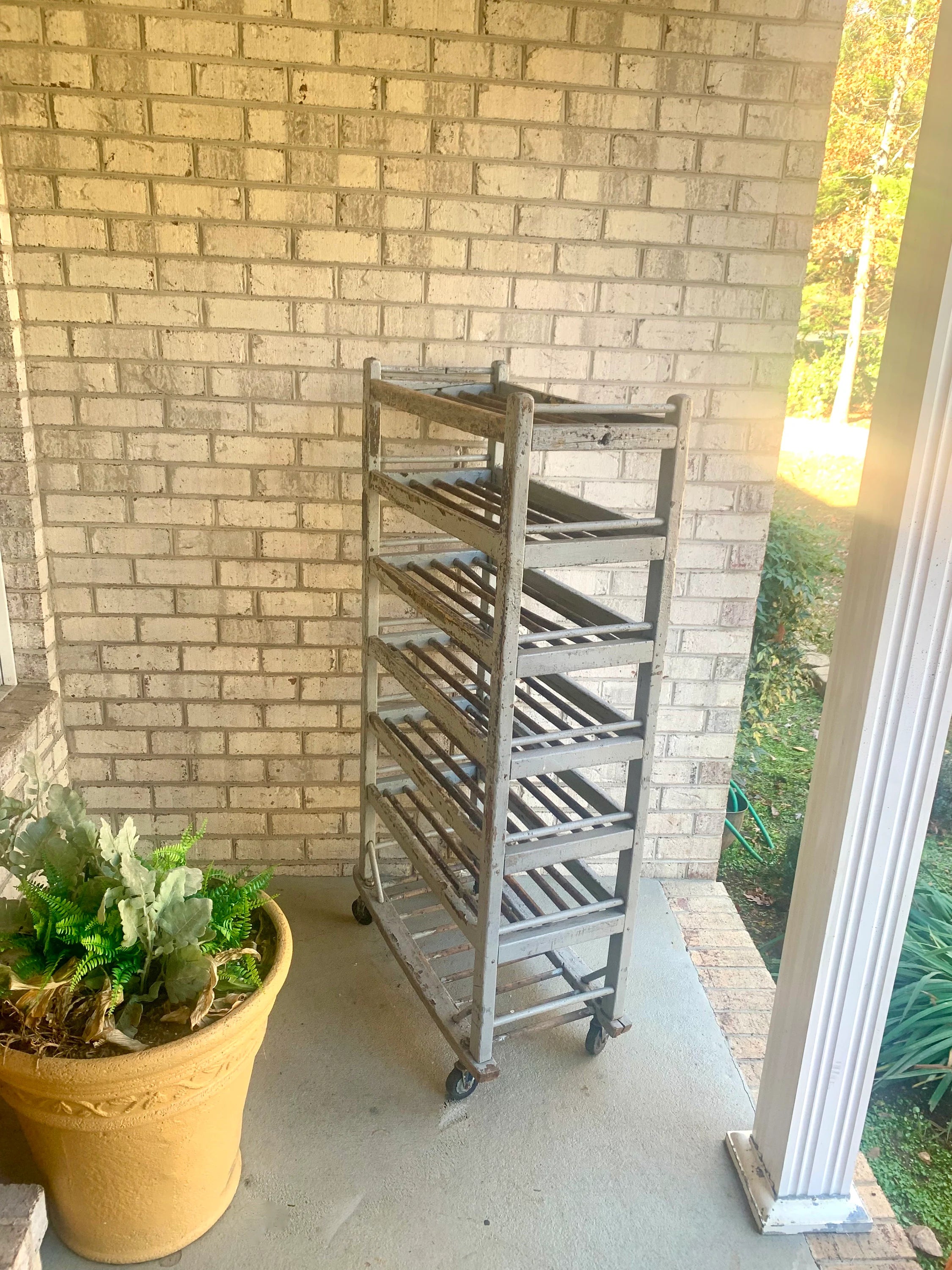 Vtg Wood Rolling Baking Tray Cart | Industrial Pottery Cart | Vtg Distressed Wood Shoe Cart| Baker's Rack | Rustic Wood Rolling Shelf