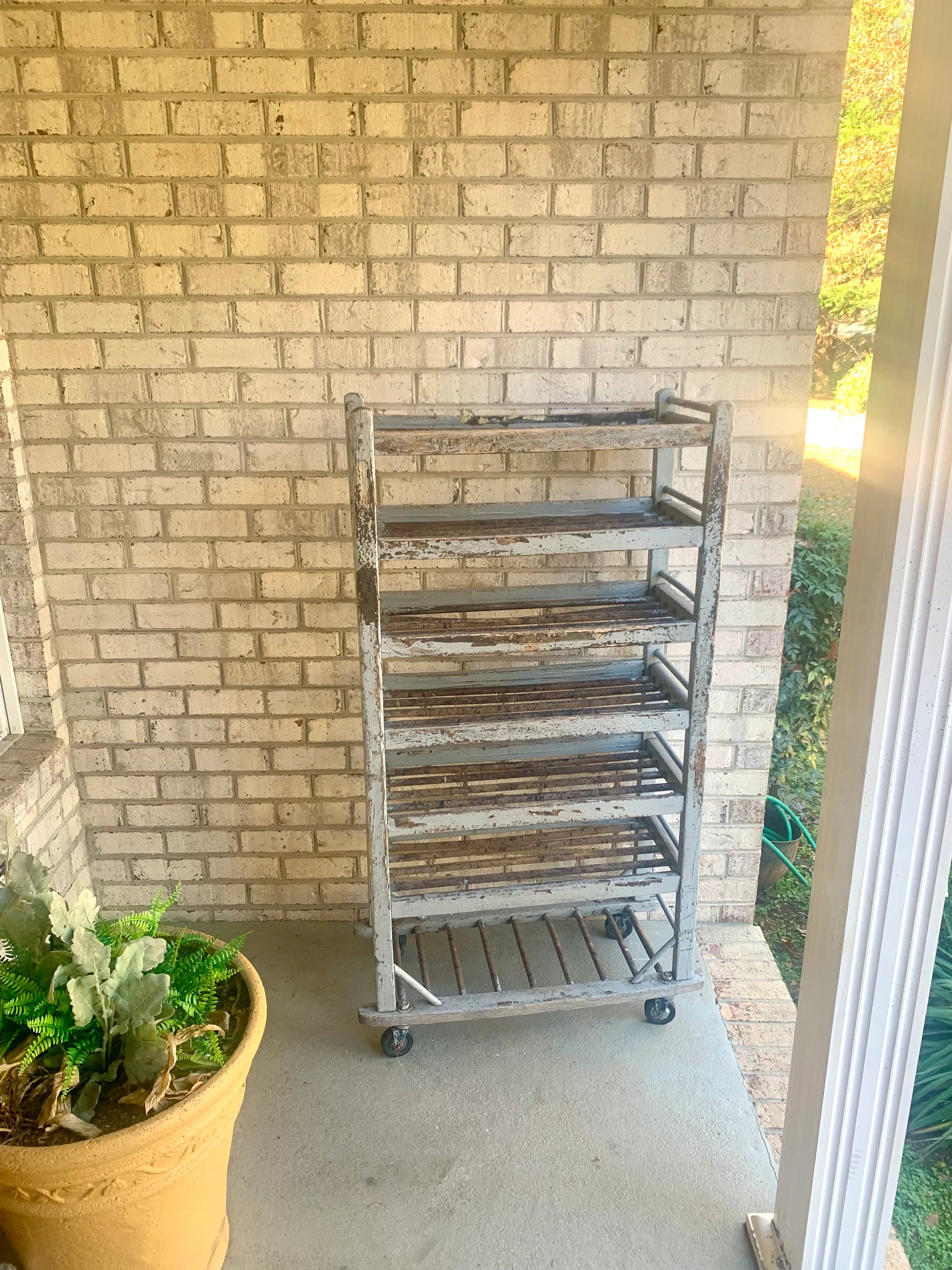 Vtg Wood Rolling Baking Tray Cart | Industrial Pottery Cart | Vtg Distressed Wood Shoe Cart| Baker's Rack | Rustic Wood Rolling Shelf