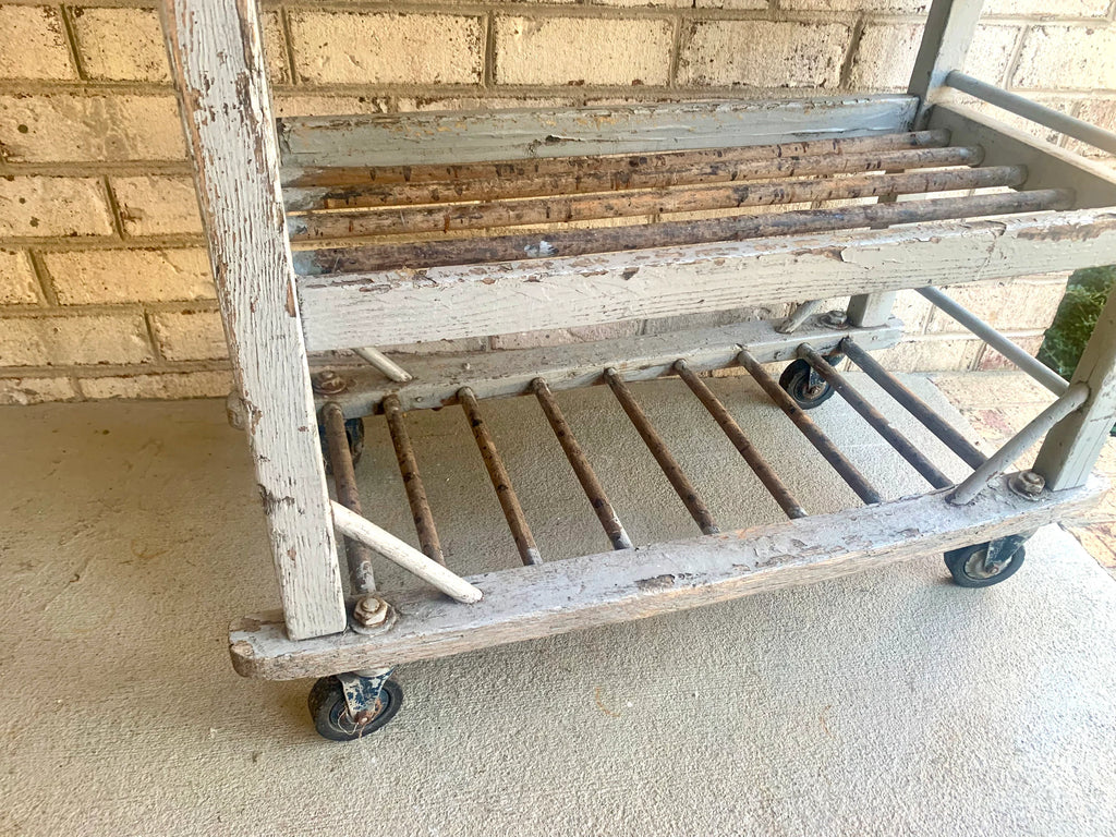 Vtg Wood Rolling Baking Tray Cart | Industrial Pottery Cart | Vtg Distressed Wood Shoe Cart| Baker's Rack | Rustic Wood Rolling Shelf