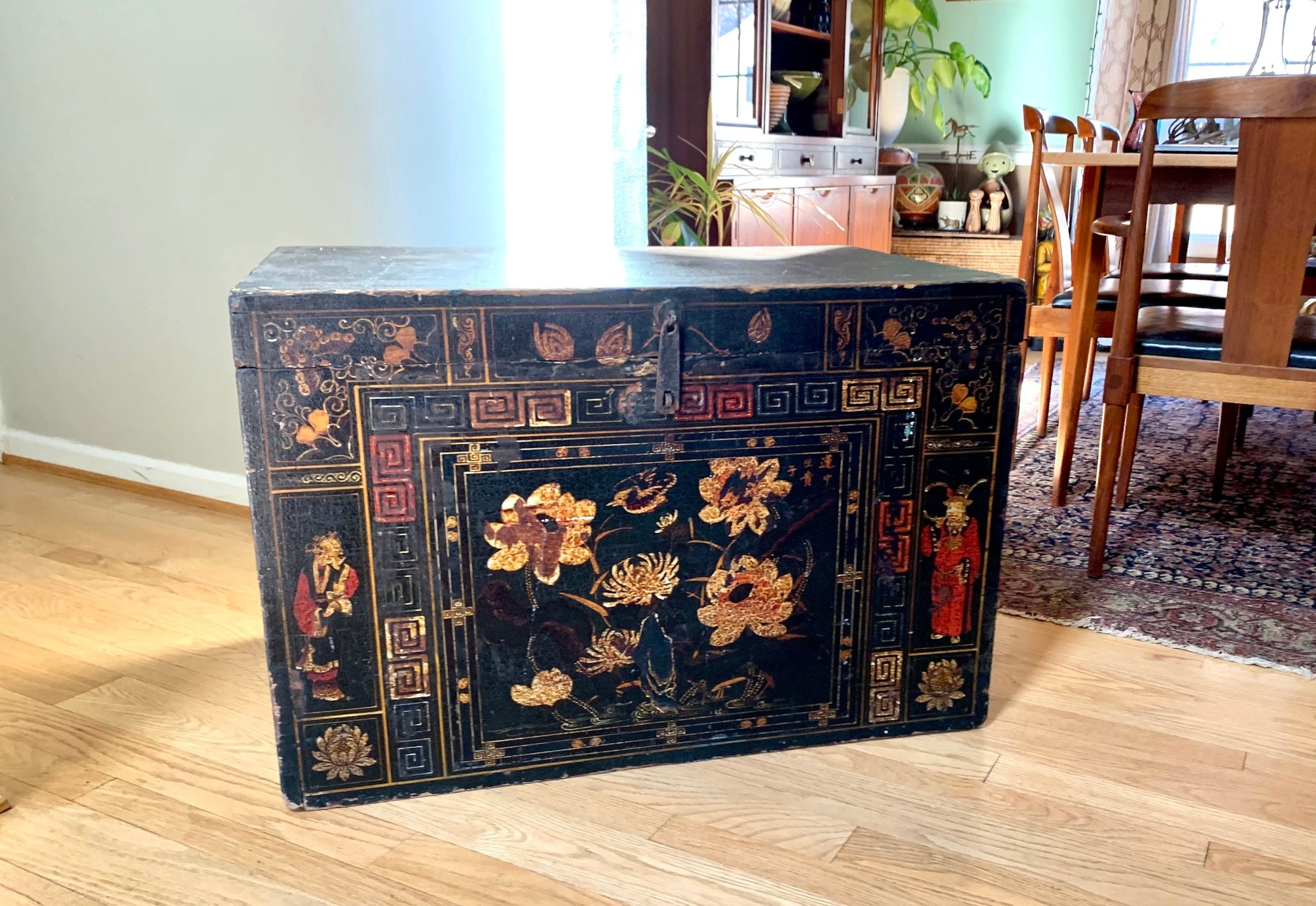 Antique Large Chinese Trunk | Large Chinese Trunk With Floral Motifs and Chines Characters | Chinese Opera Trunk | Painted Opera Chest