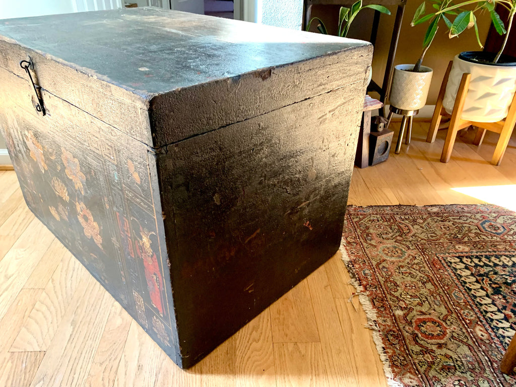Antique Large Chinese Trunk | Large Chinese Trunk With Floral Motifs and Chines Characters | Chinese Opera Trunk | Painted Opera Chest