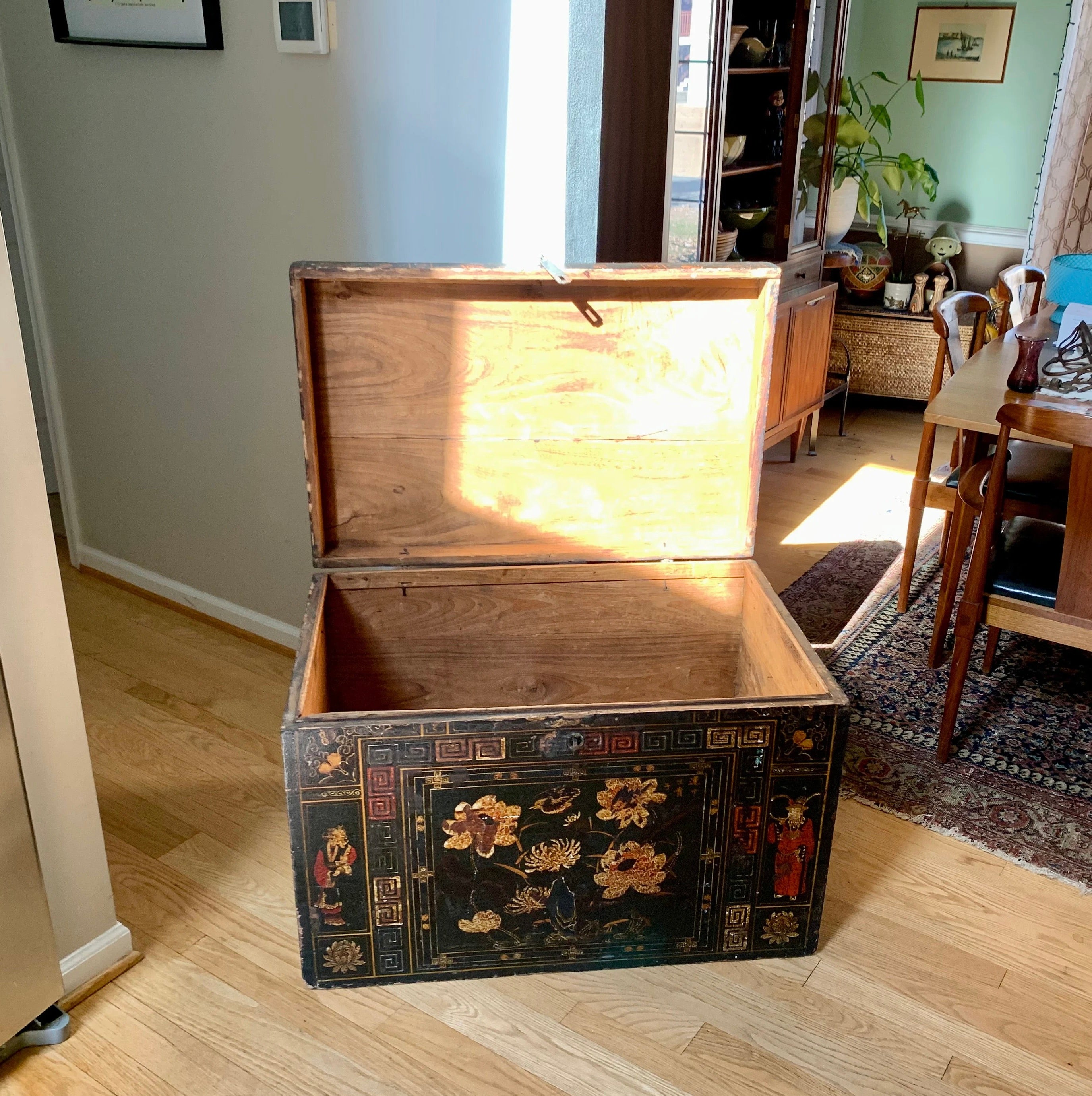 Antique Large Chinese Trunk | Large Chinese Trunk With Floral Motifs and Chines Characters | Chinese Opera Trunk | Painted Opera Chest