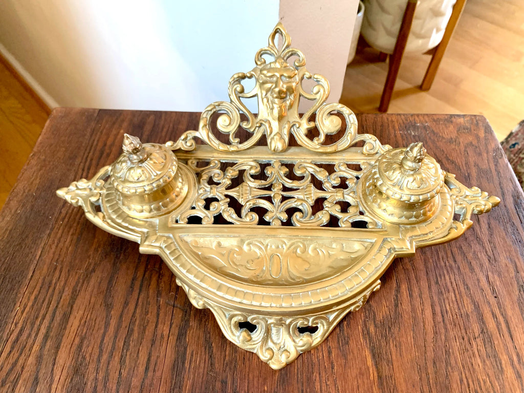 Vtg Renaissance Revival Double Brass Inkwell | Ornate Brass Inkwell | Brass Inkwell With Northwind Face | Ornate Double Inkwell